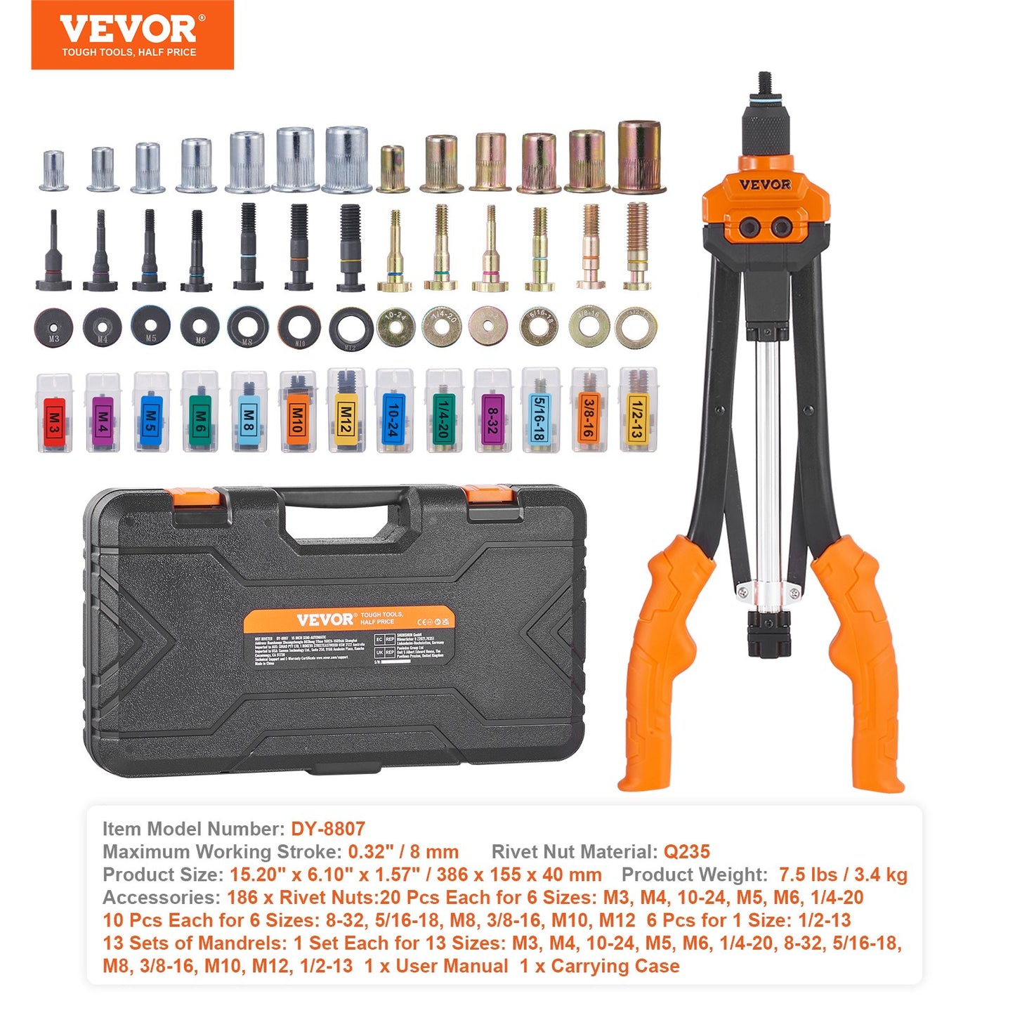VEVOR Rivet Nut Tool, 16” Rivnut Tool Kit with 13PCS Metric and SAE Mandrels, 186PCS