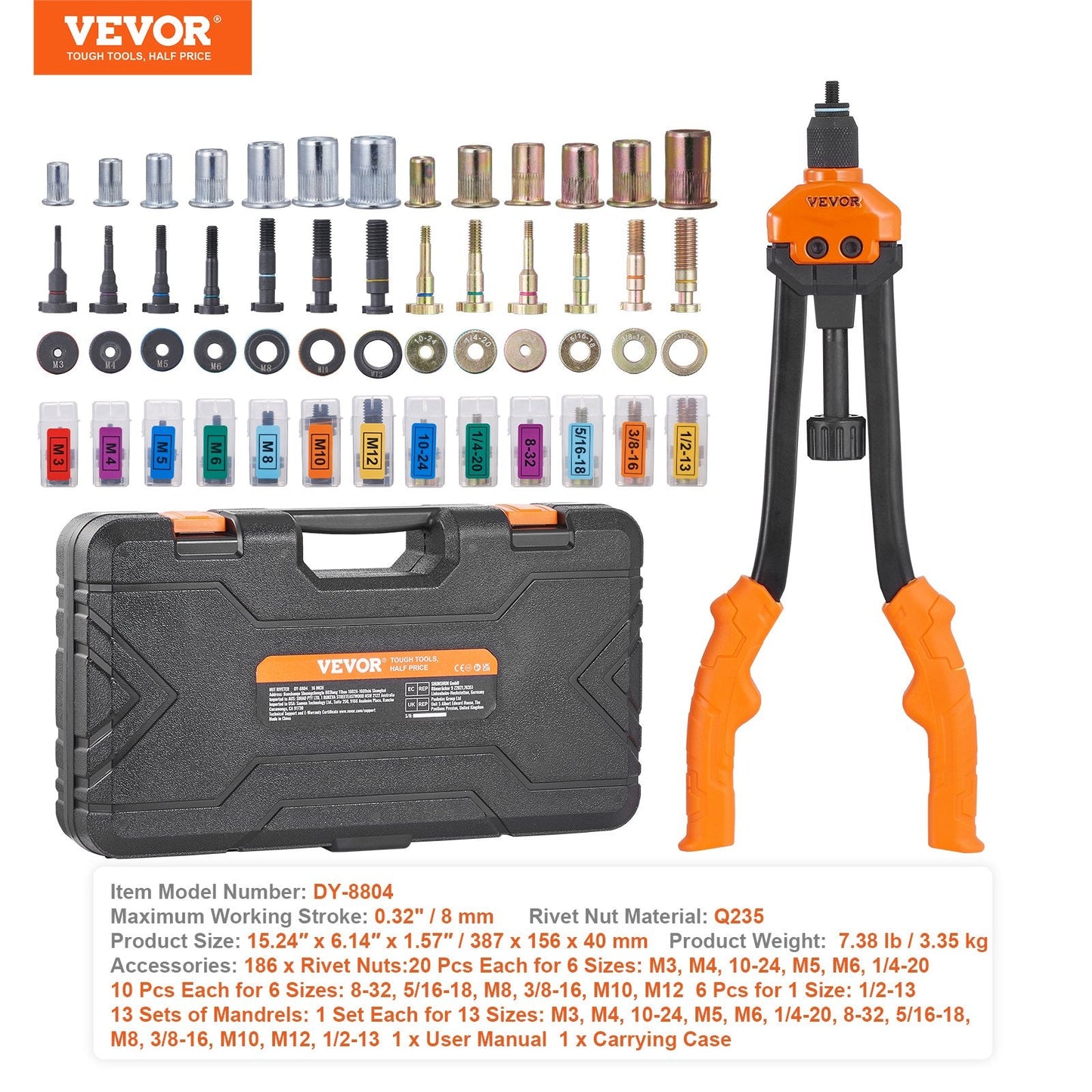 Professional 0.4m Rivet Nut Tool Kit with 13 Mandrels & 186 Nut Pieces