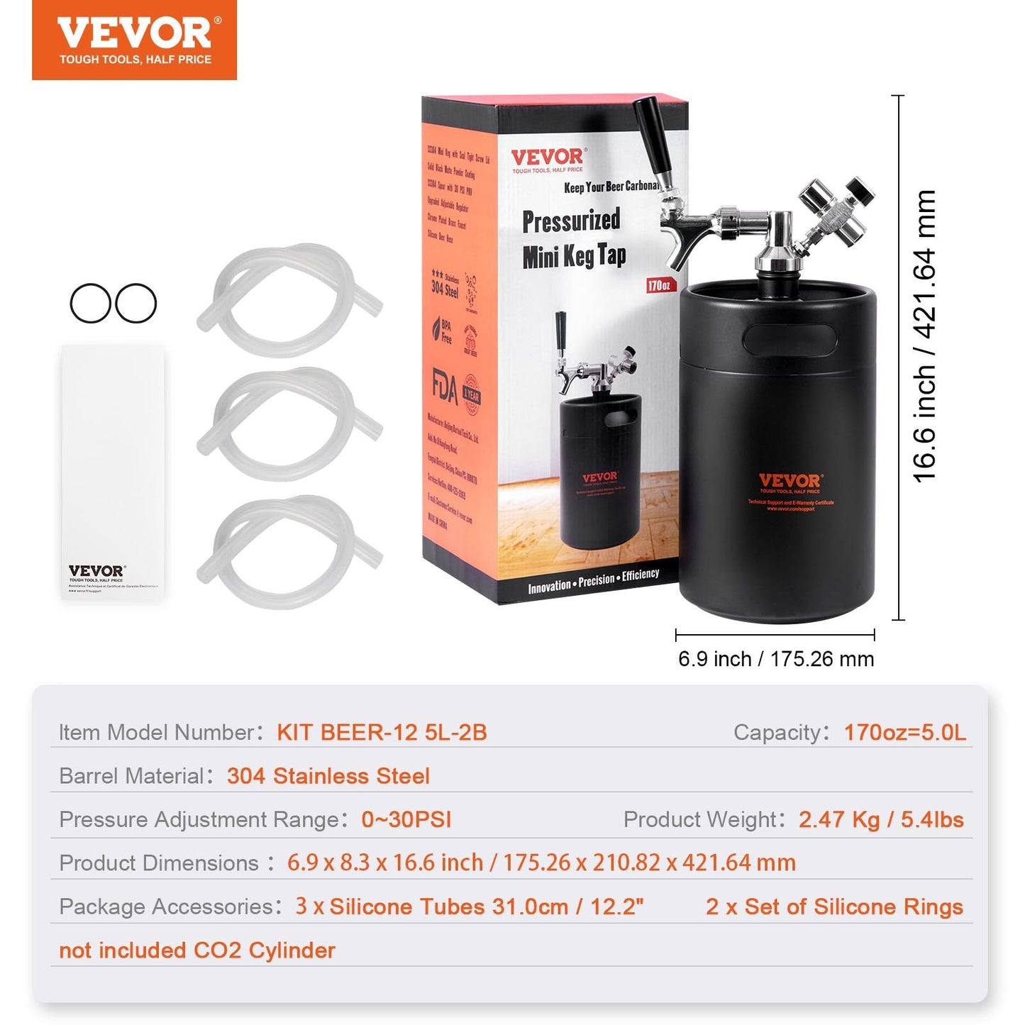 5L Mini Keg with Tap System, Stainless Steel, CO2 Regulator, Leak-Proof Design