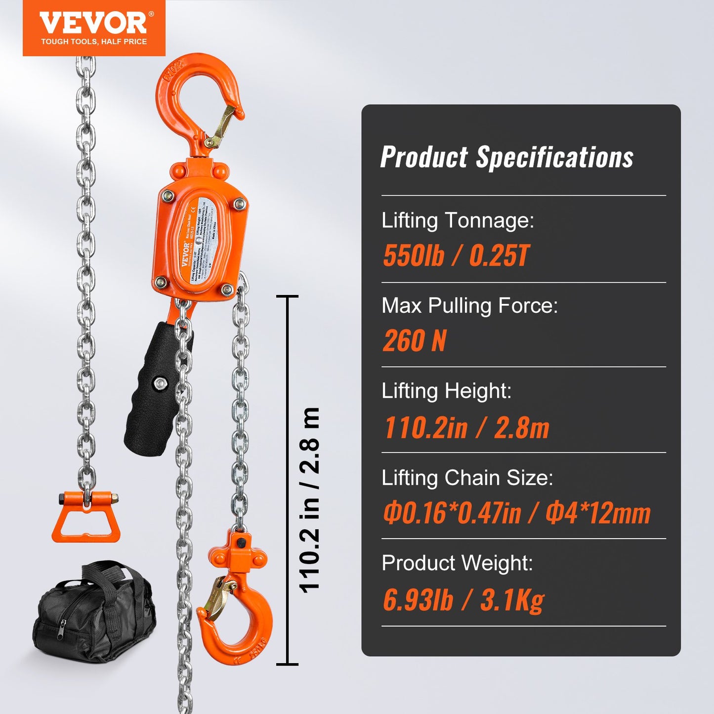 VEVOR Manual Lever Chain Hoist, 1/4 Ton 550 lbs Capacity 10 FT Come Along, G80 Galvanized