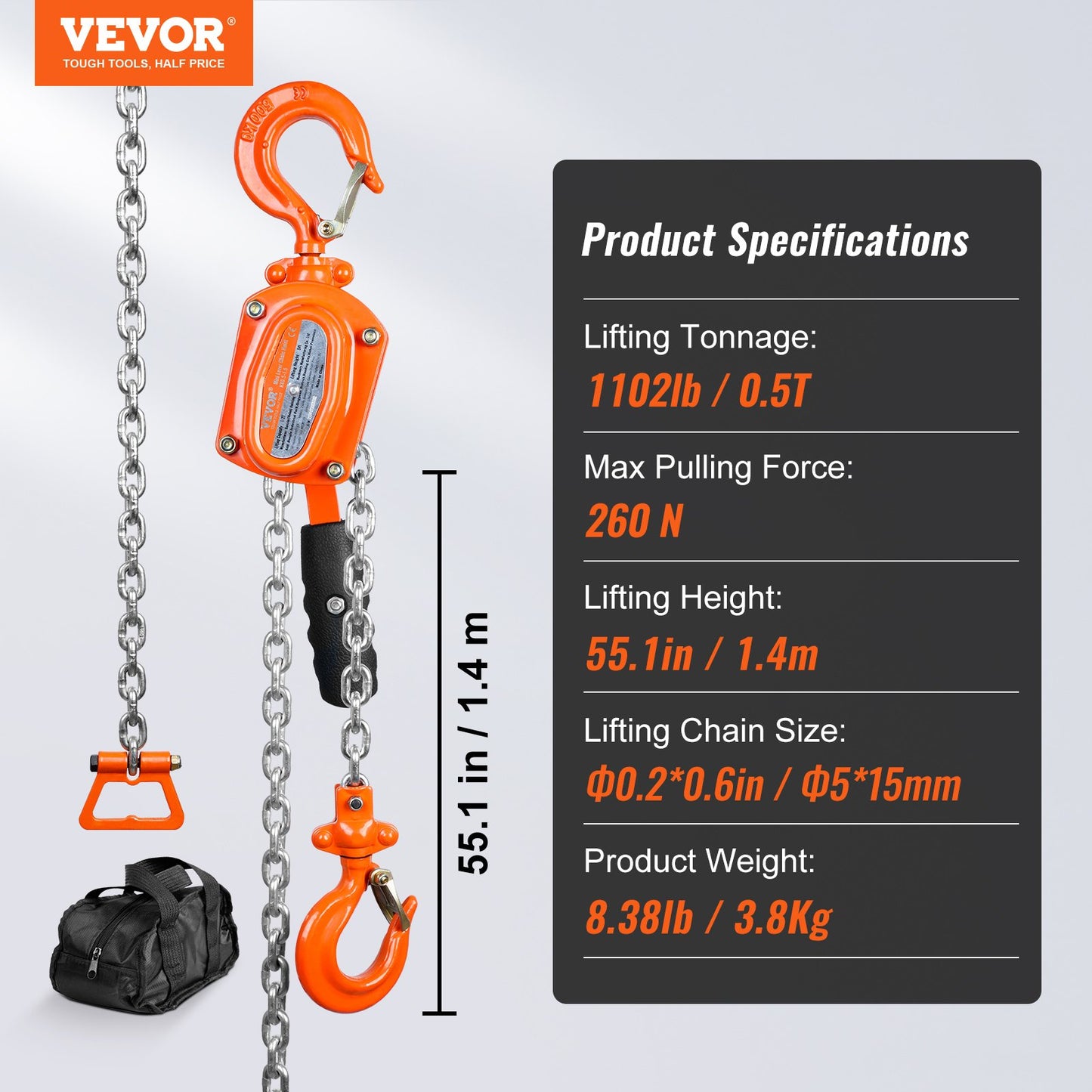 VEVOR Manual Lever Chain Hoist, 1/2 Ton 1100 lbs Capacity 5 FT Come Along, G80 Galvanized