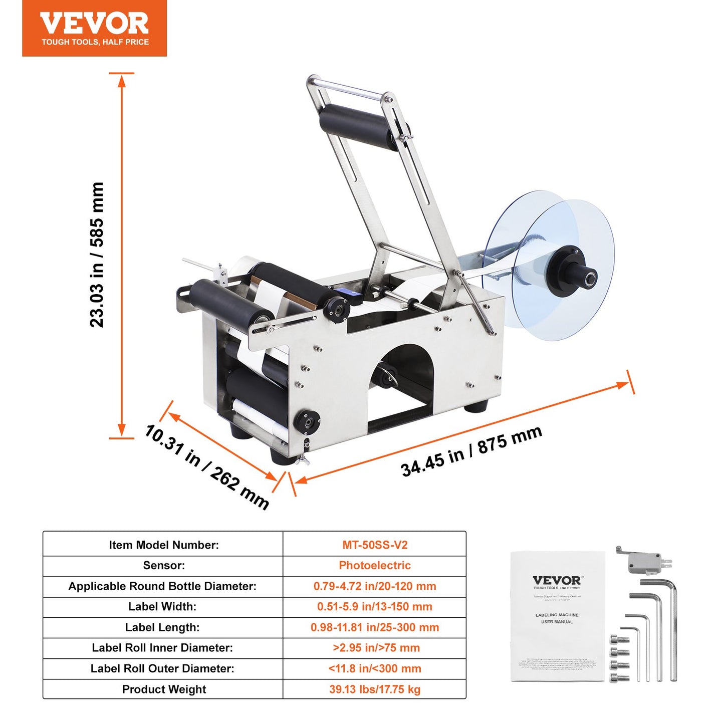 VEVOR MT-50 Semi-Automatic Round Bottle Labeling Machine, Adjustable Bottle Labeler