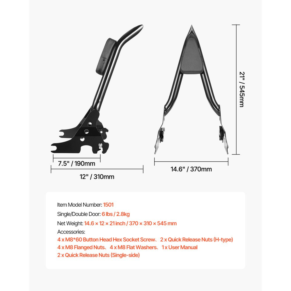 VEVOR Motorcycle Backrest Sissy Bar for Harley-Davidson Touring Models 685mm