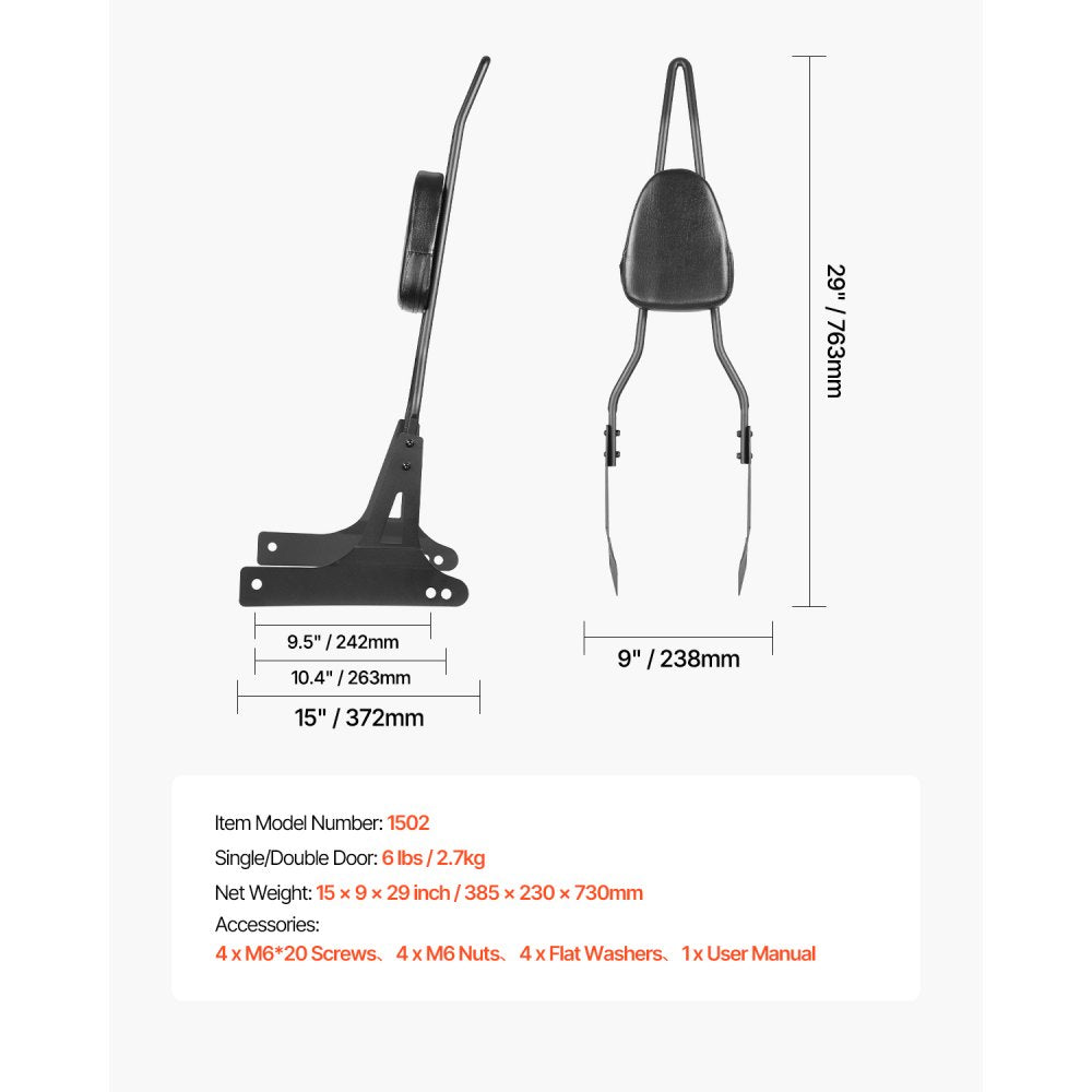 VEVOR Motorcycle Backrest Sissy Bar for Harley-Davidson Dyna