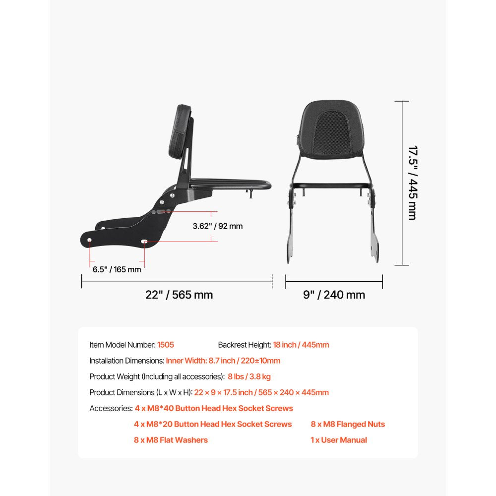 VEVOR Motorcycle Backrest Sissy Bar with Luggage Rack for Honda Rebel 2017-2022