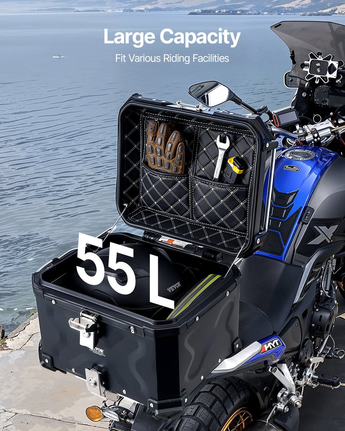 VEVOR 55L Motorcycle Top Case Universal Motorbike Tail Box with Leather Lining
