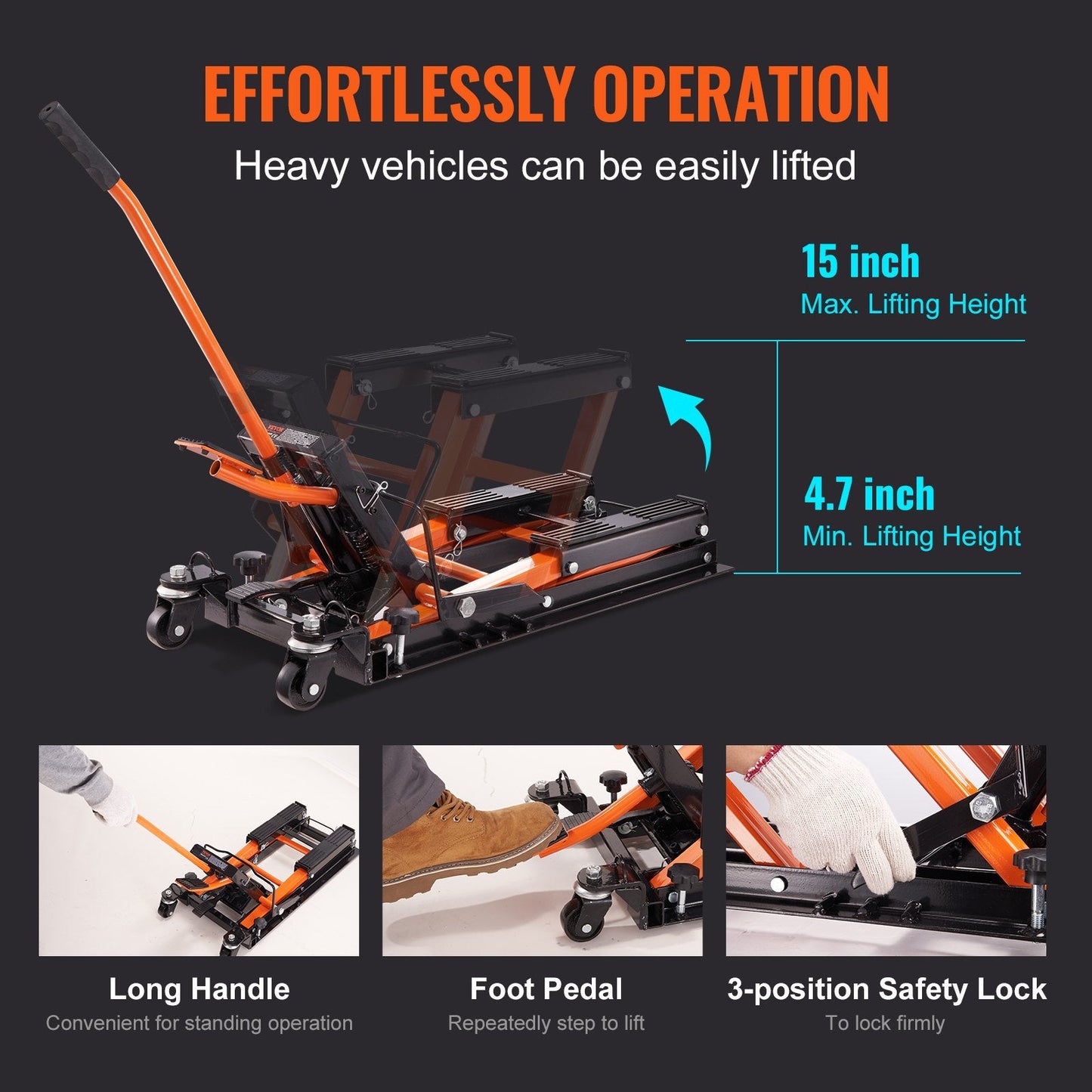 Hydraulic Motorcycle Jack with 0.7 Ton Capacity and Safety Lock, 120-385 mm Range