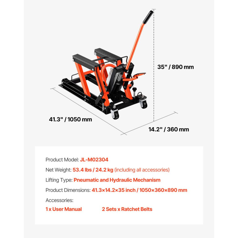 VEVOR 1500lbs Hydraulic & Pneumatic Motorcycle Jack Lift Hoist Stand 2 Casters