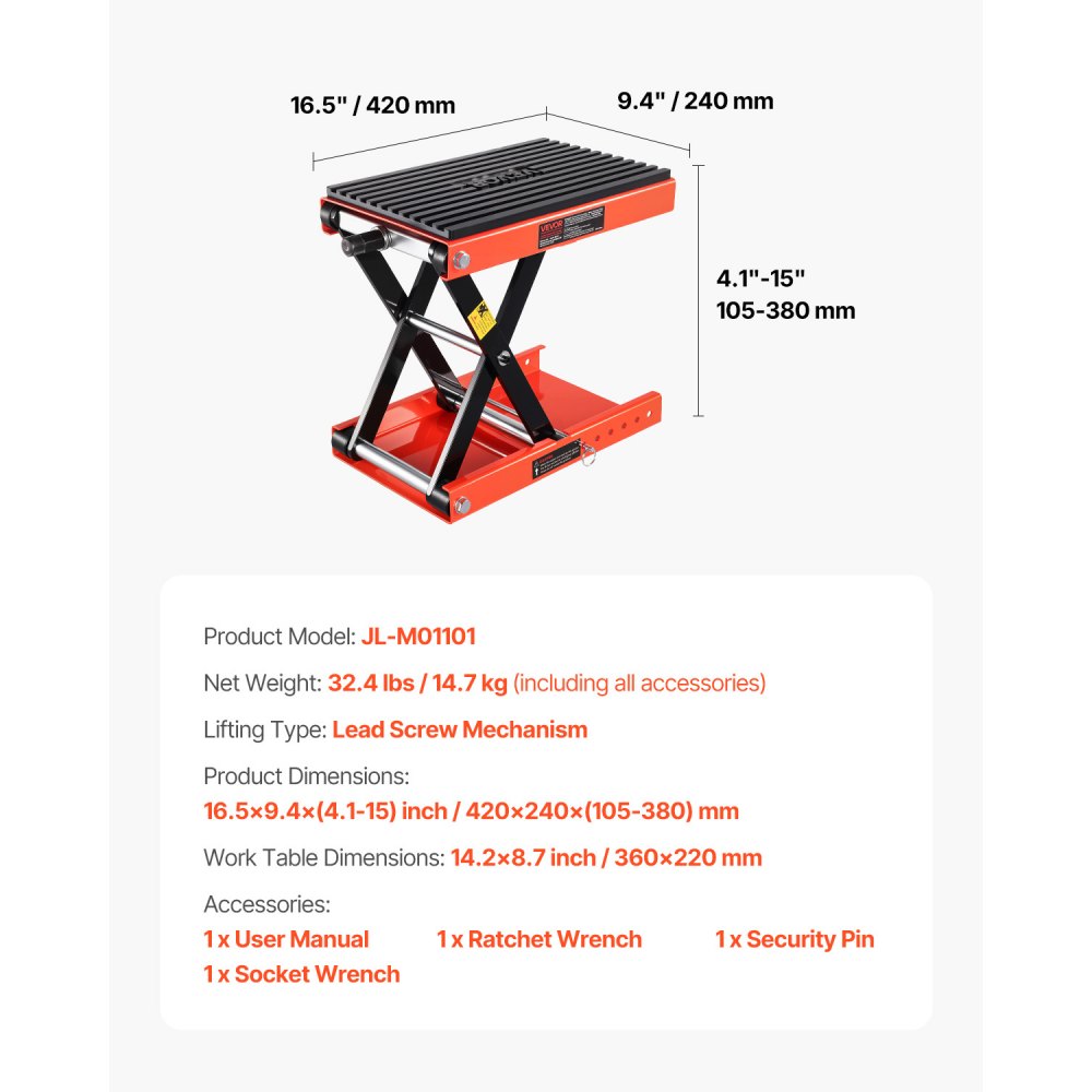 VEVOR Motorcycle Scissor Lift Jack 1200lbs Wide Deck Motorcycle Lift Stand Crank