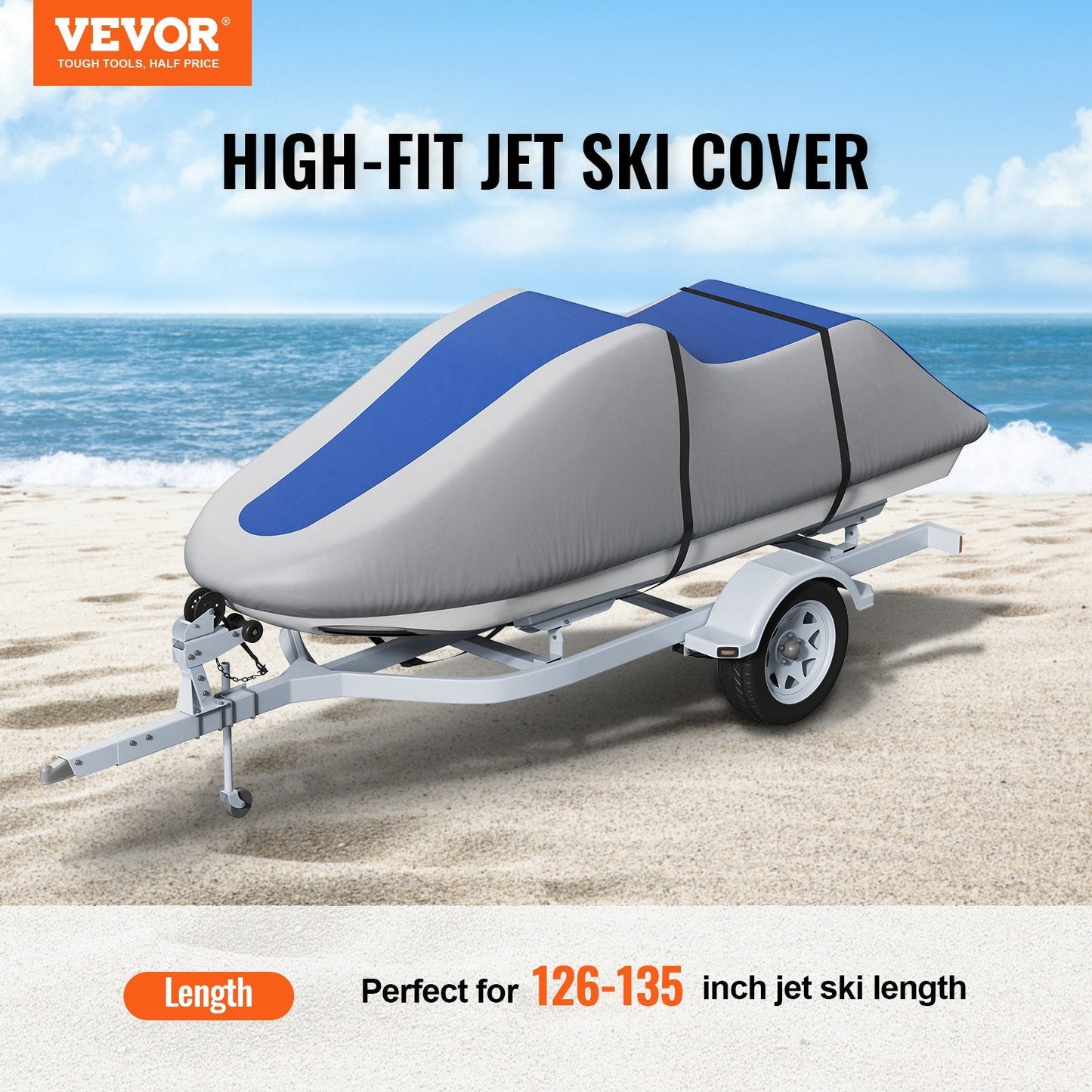 Durable Jet Ski Cover 3.2-3.42m, Waterproof, UV Resistant, Grey/Blue