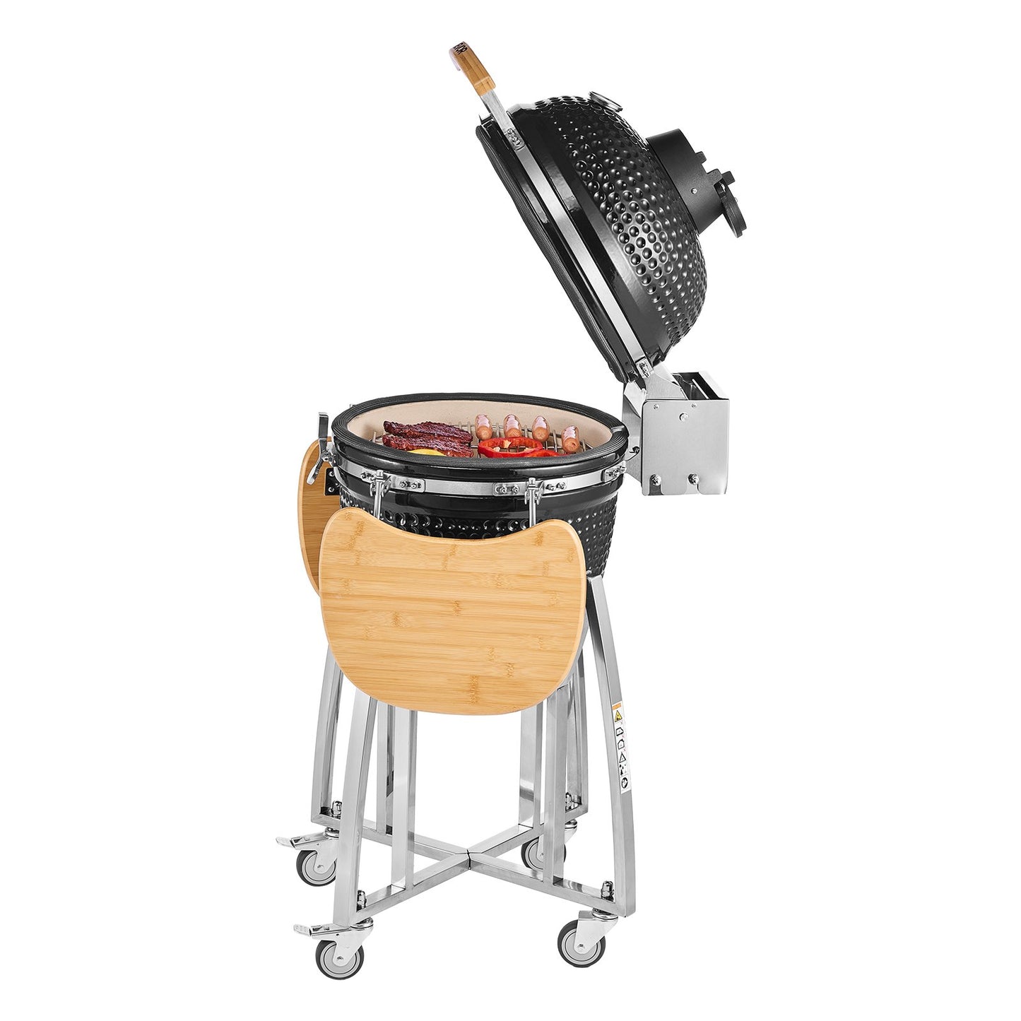 Charcoal Smoker and Grill, 450mm Kamado Charcoal BBQ Smoker, Movable Ceramic Barbecue Grill with 4 Wheels (2 Lockable), Built-in Thermometer, Air Vent & Side Shelf for Outdoor Patio Yard Cooking