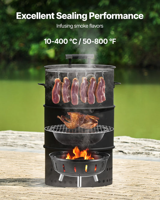 Charcoal Smoker Grill, 470mm Barrel Charcoal BBQ Smoker, Coated Steel Outdoor Barbecue Grill with 2 Grilling Grates, 1 Hanging Rod, 6 Hooks & Thermometer, Ideal for Party Backyard Patio Cooking