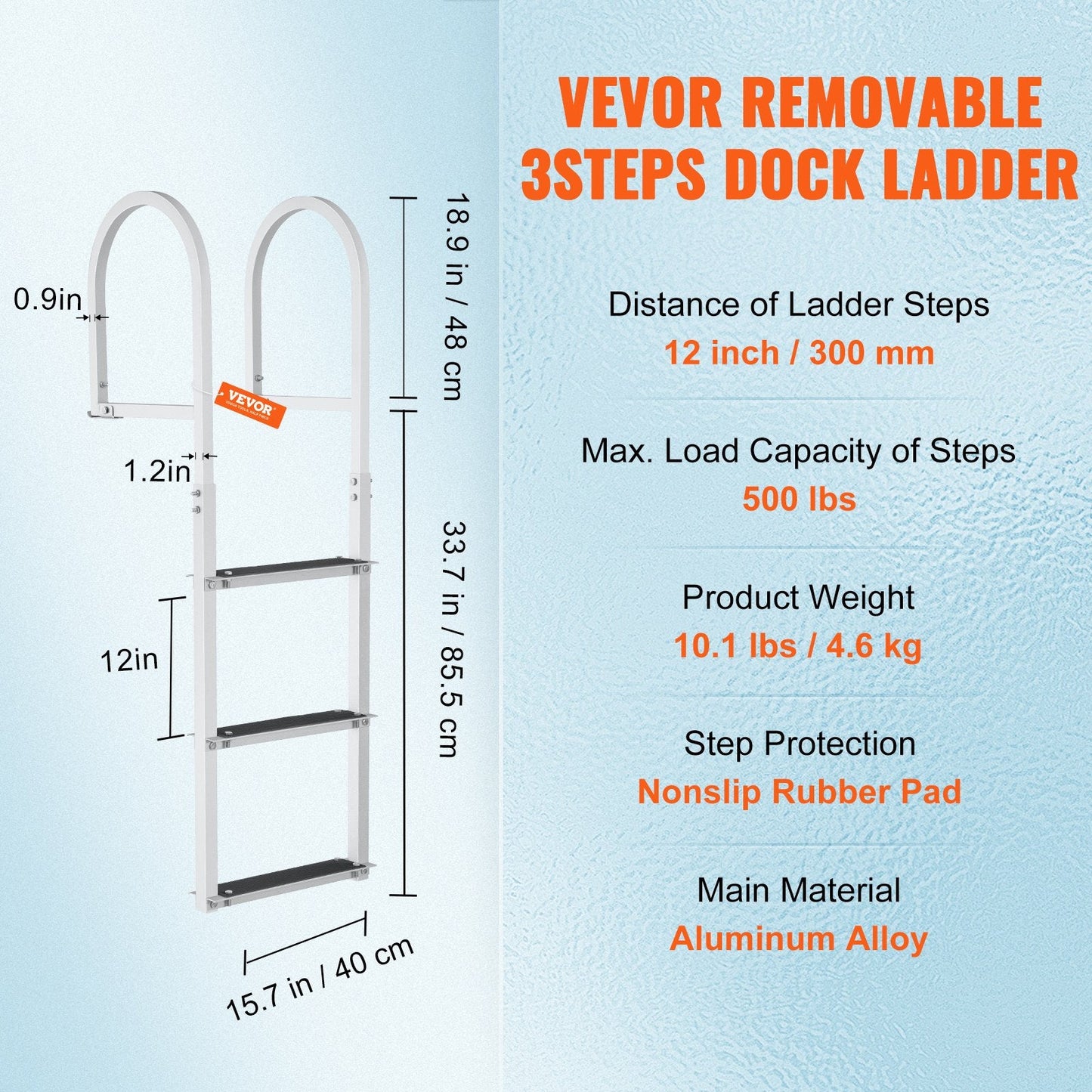 Lightweight aluminum dock ladder combines strong 500-pound capacity with easy removal and storage