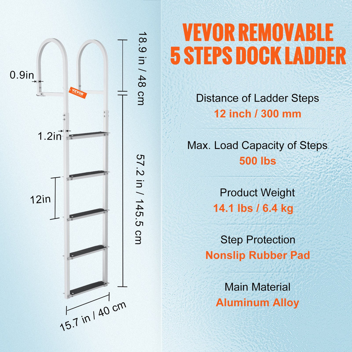 VEVOR Dock Ladder, Removable 5 Steps, 227 kgs Load Capacity, Aluminum Alloy Pontoon