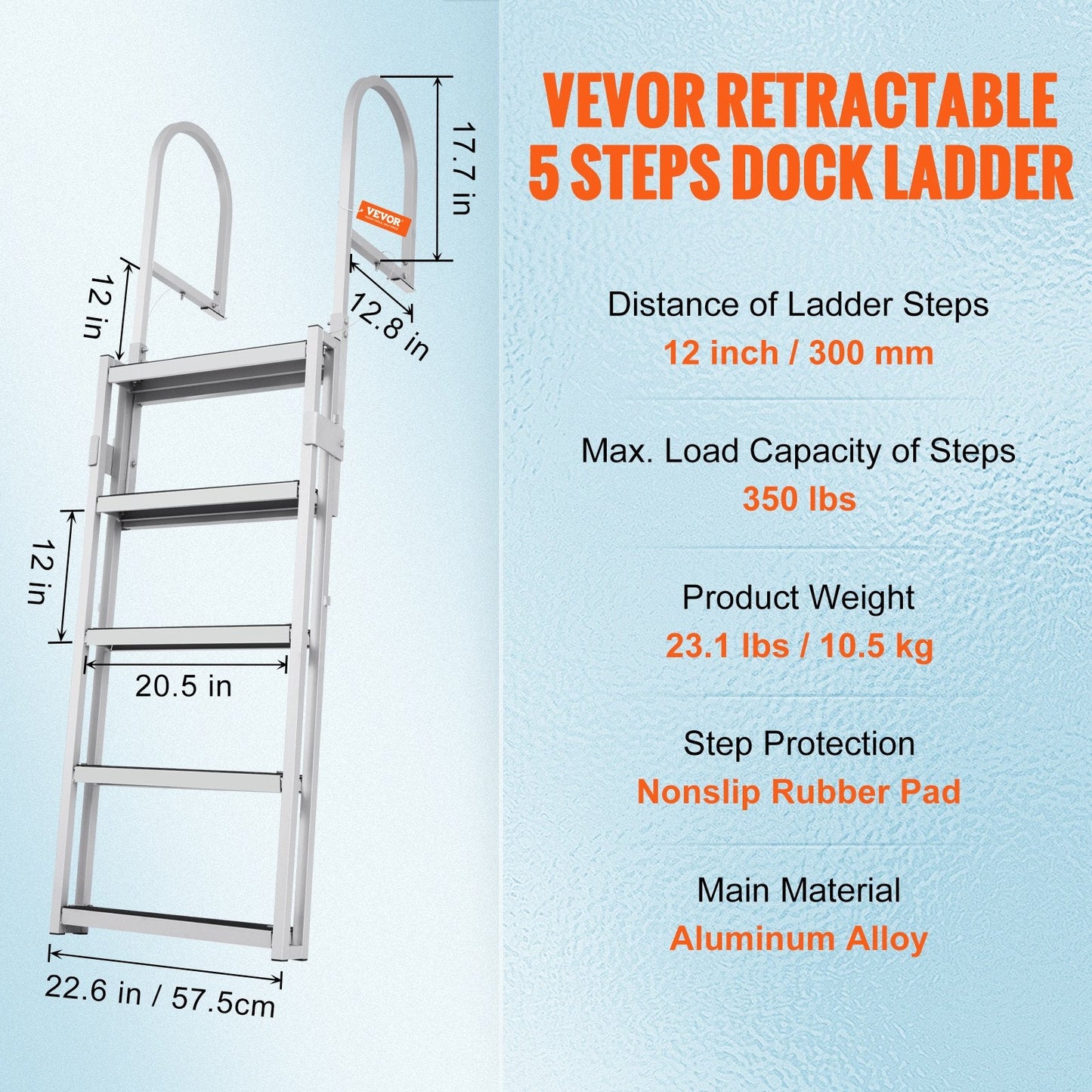 Five large nonslip steps help users climb safely from the water onto a dock or boat