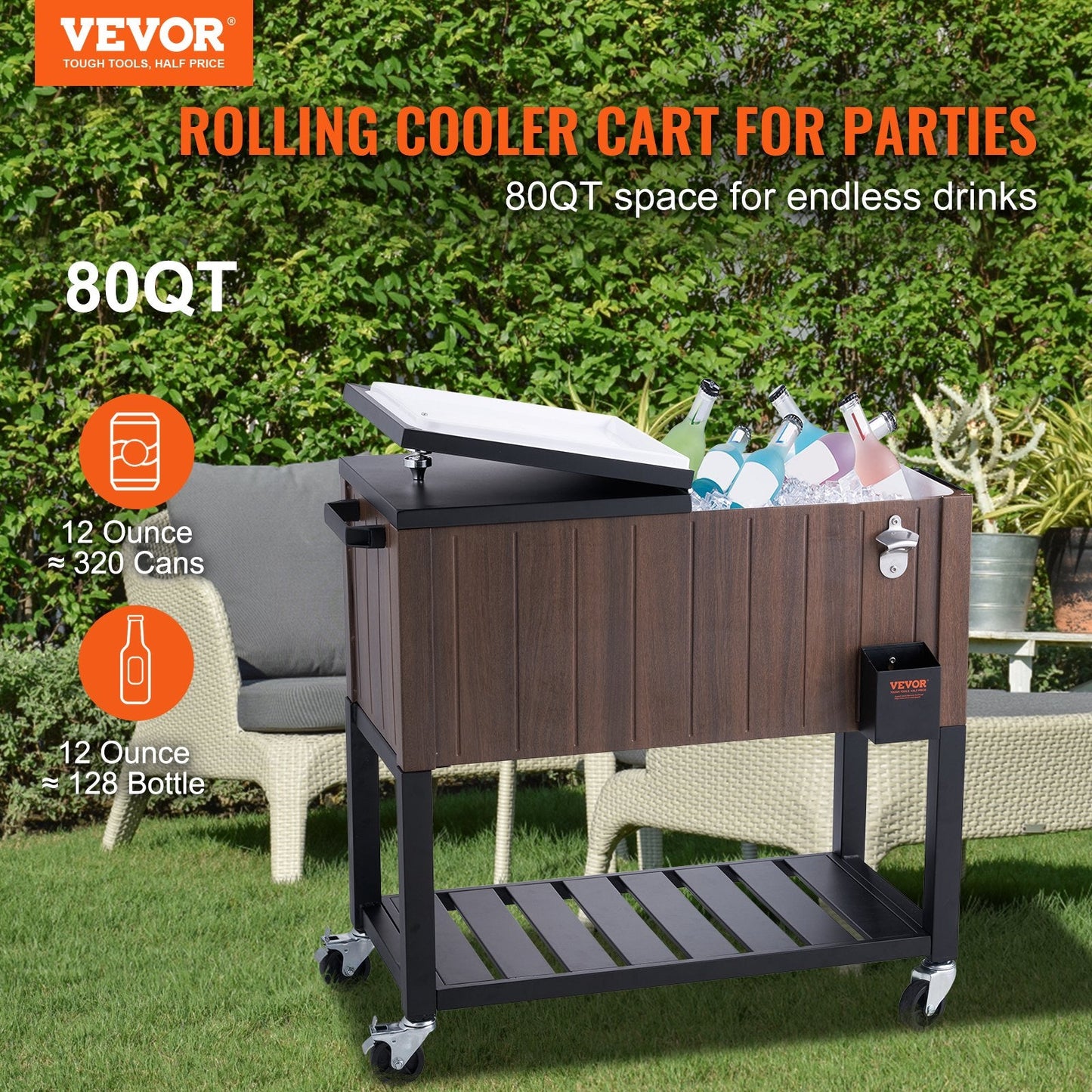 Portable 80QT Rolling Ice Chest Cooler Cart with Teak Accents and Wheels, Brown