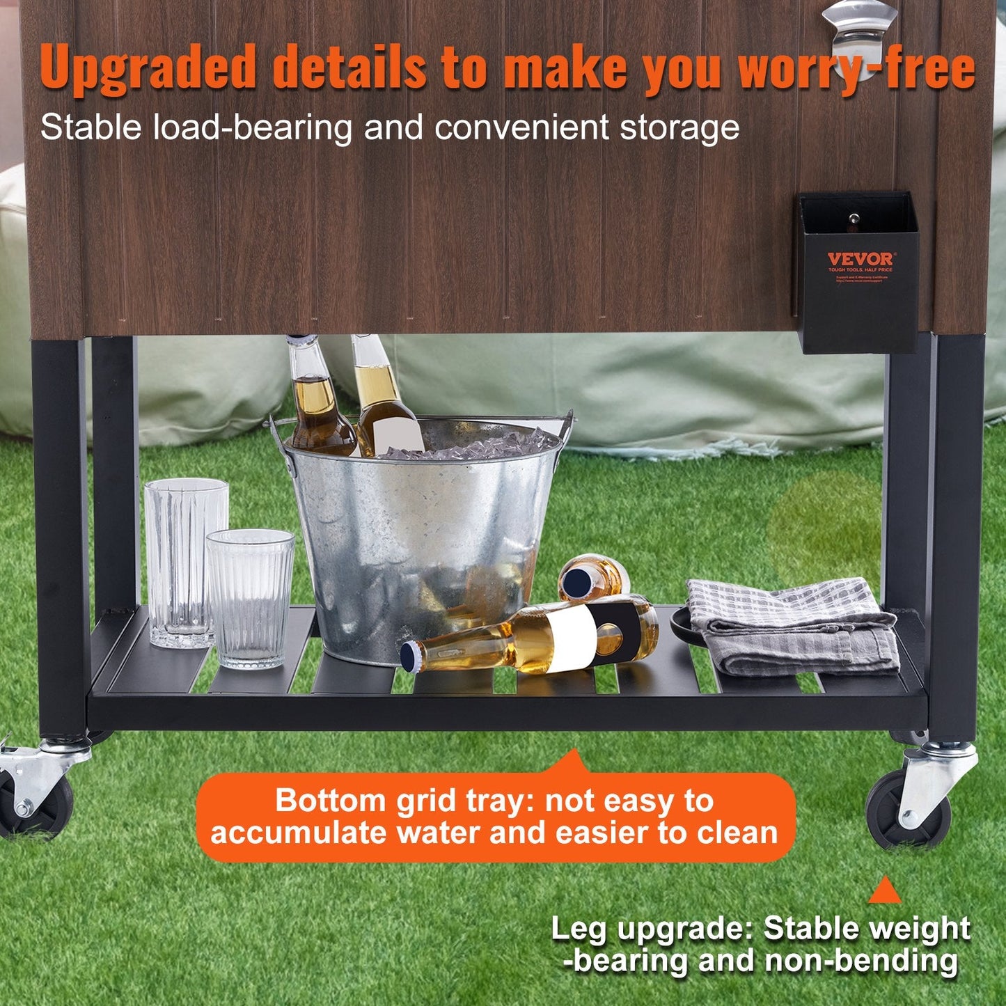 Portable 80QT Rolling Ice Chest Cooler Cart with Teak Accents and Wheels, Brown
