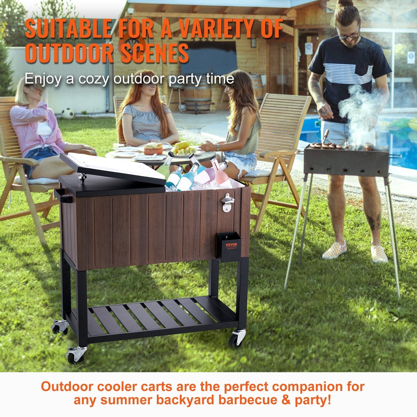 Portable 80QT Rolling Ice Chest Cooler Cart with Teak Accents and Wheels, Brown