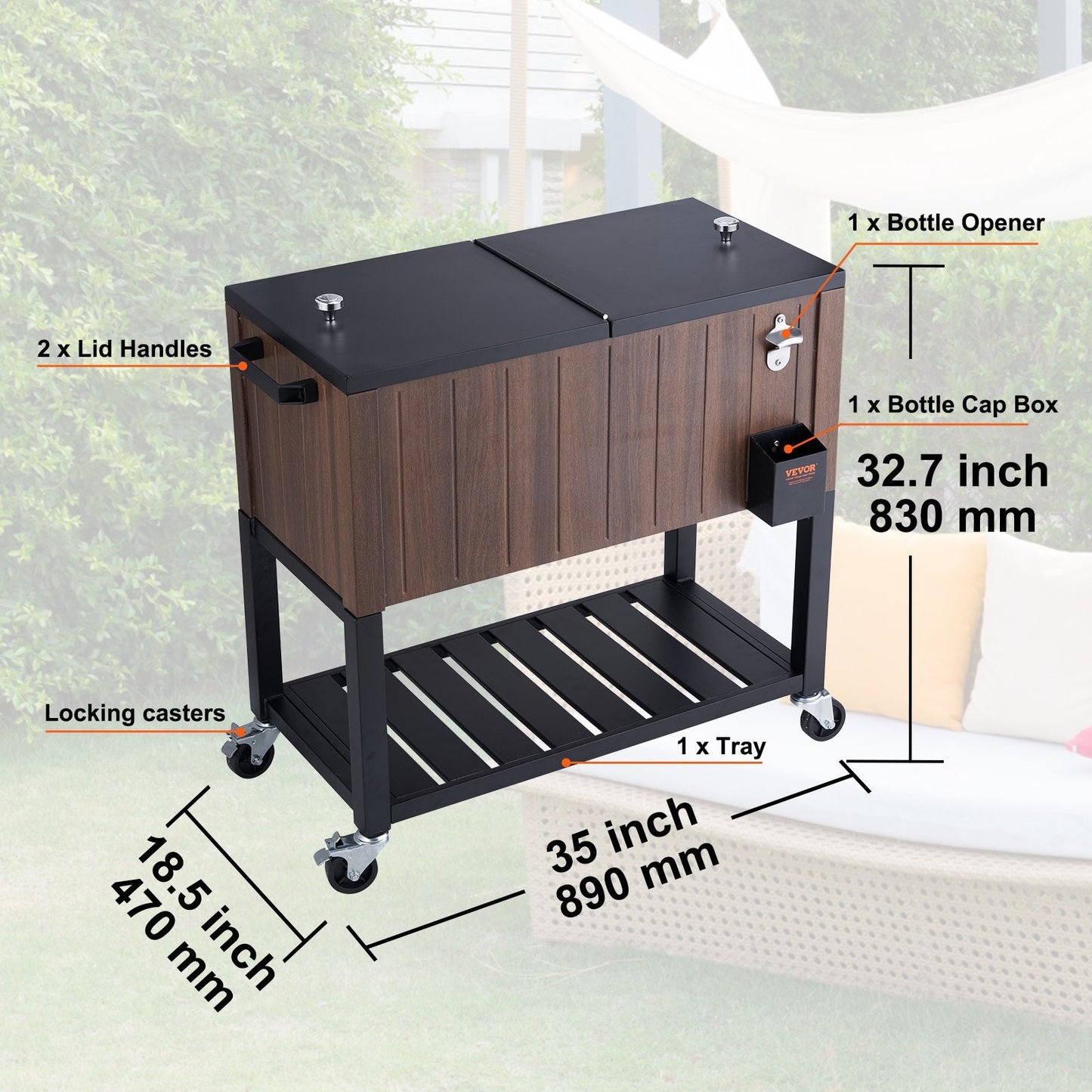 Portable 80QT Rolling Ice Chest Cooler Cart with Teak Accents and Wheels, Brown