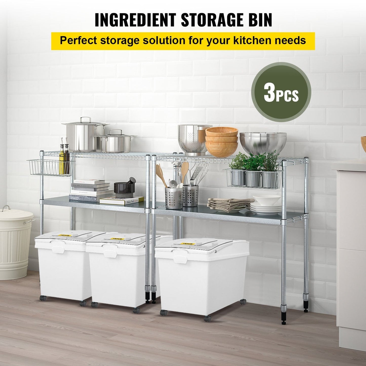 Ingredient Storage Bin Set, 3-Piece, 120L Capacity, with Wheels and Scoop