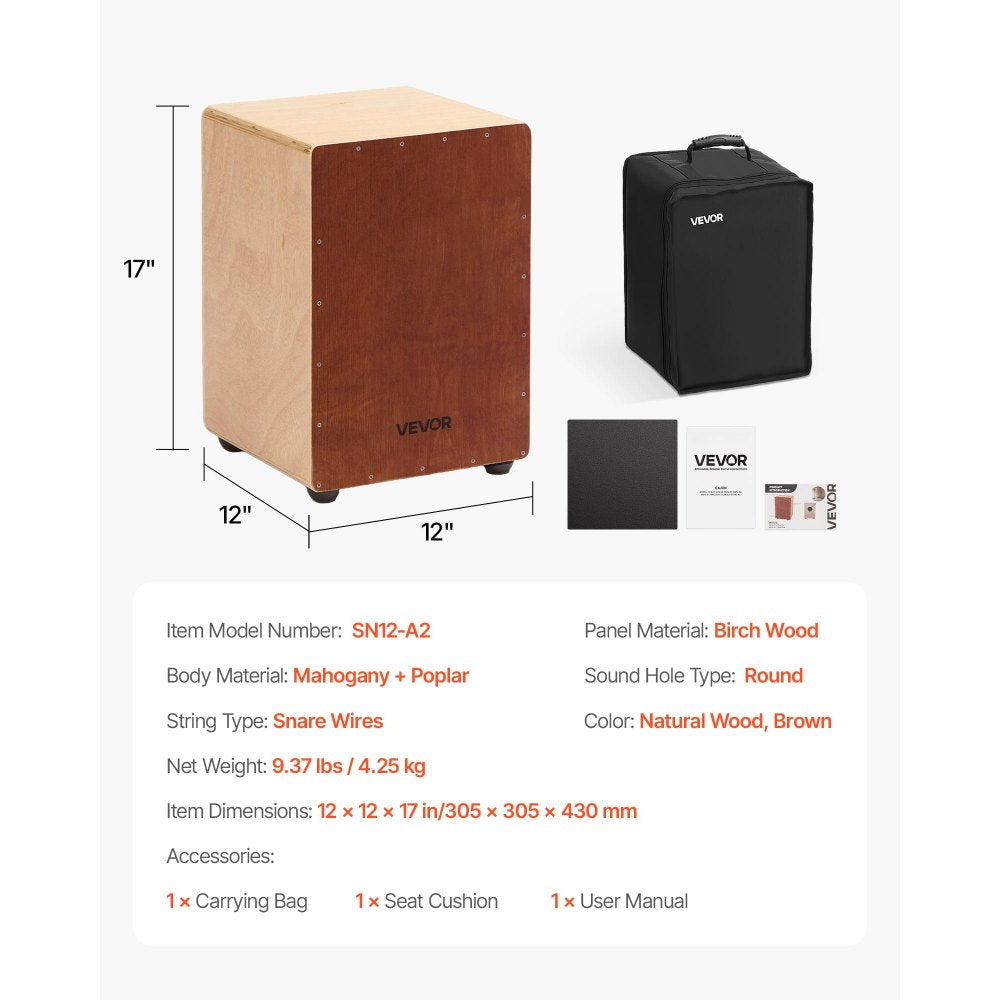 Cajon Box Drum Birchwood Percussion Instrument with Snare Wires Travel Bag