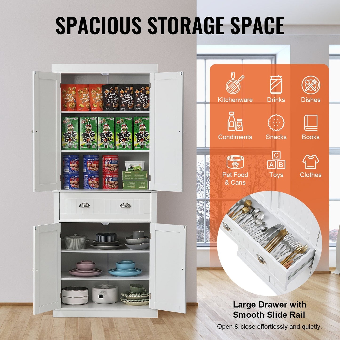 Freestanding Kitchen Pantry Cabinet with Adjustable Shelves, Pearl White, 183 cm