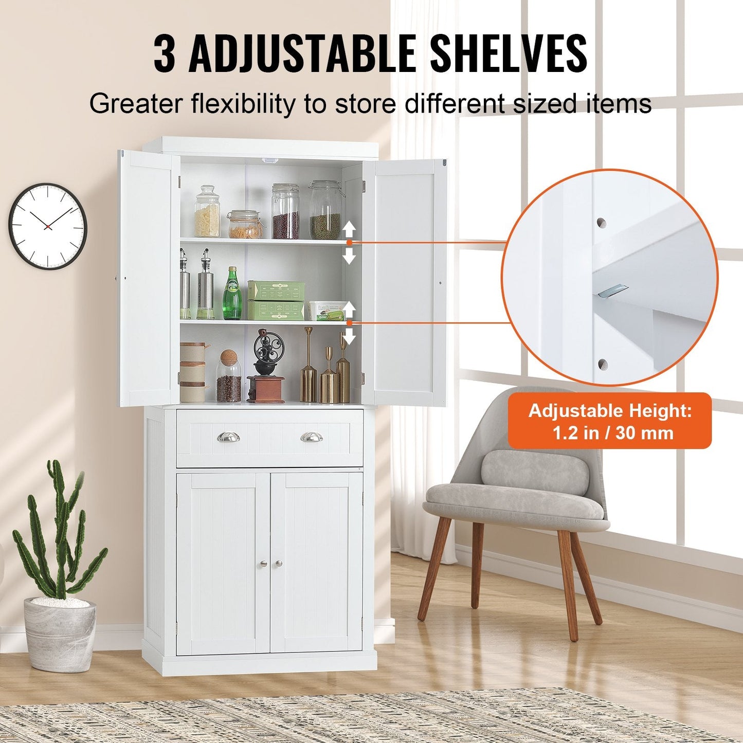 Freestanding Kitchen Pantry Cabinet with Adjustable Shelves, Pearl White, 183 cm