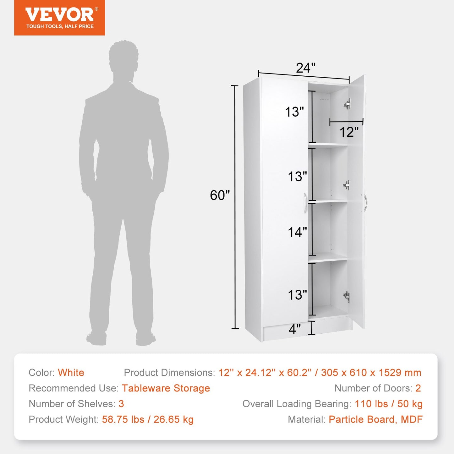VEVOR Kitchen Pantry Cabinet, 60" Tall Food Pantry Storage Cabinet, 110LBS Freestanding