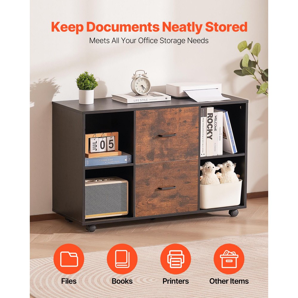 VEVOR 2 Drawer Wooden File Cabinet Mobile Filing Cabinet with Open Shelves Black