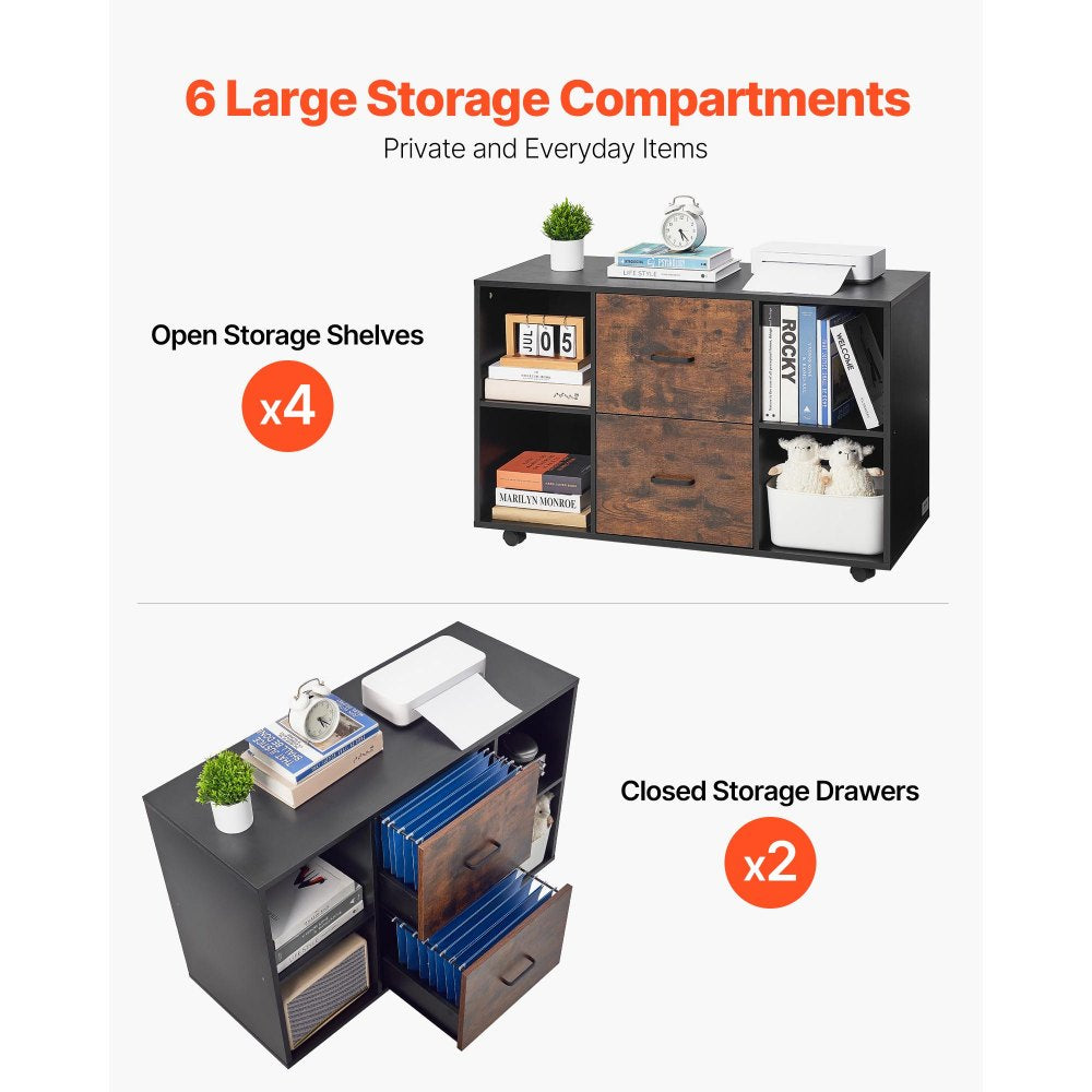 VEVOR 2 Drawer Wooden File Cabinet Mobile Filing Cabinet with Open Shelves Black