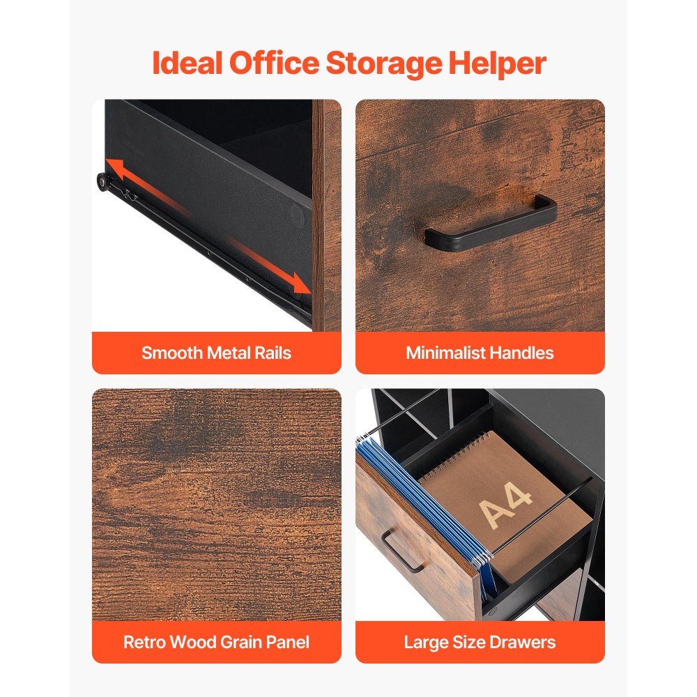 VEVOR 2 Drawer Wooden File Cabinet Mobile Filing Cabinet with Open Shelves Black