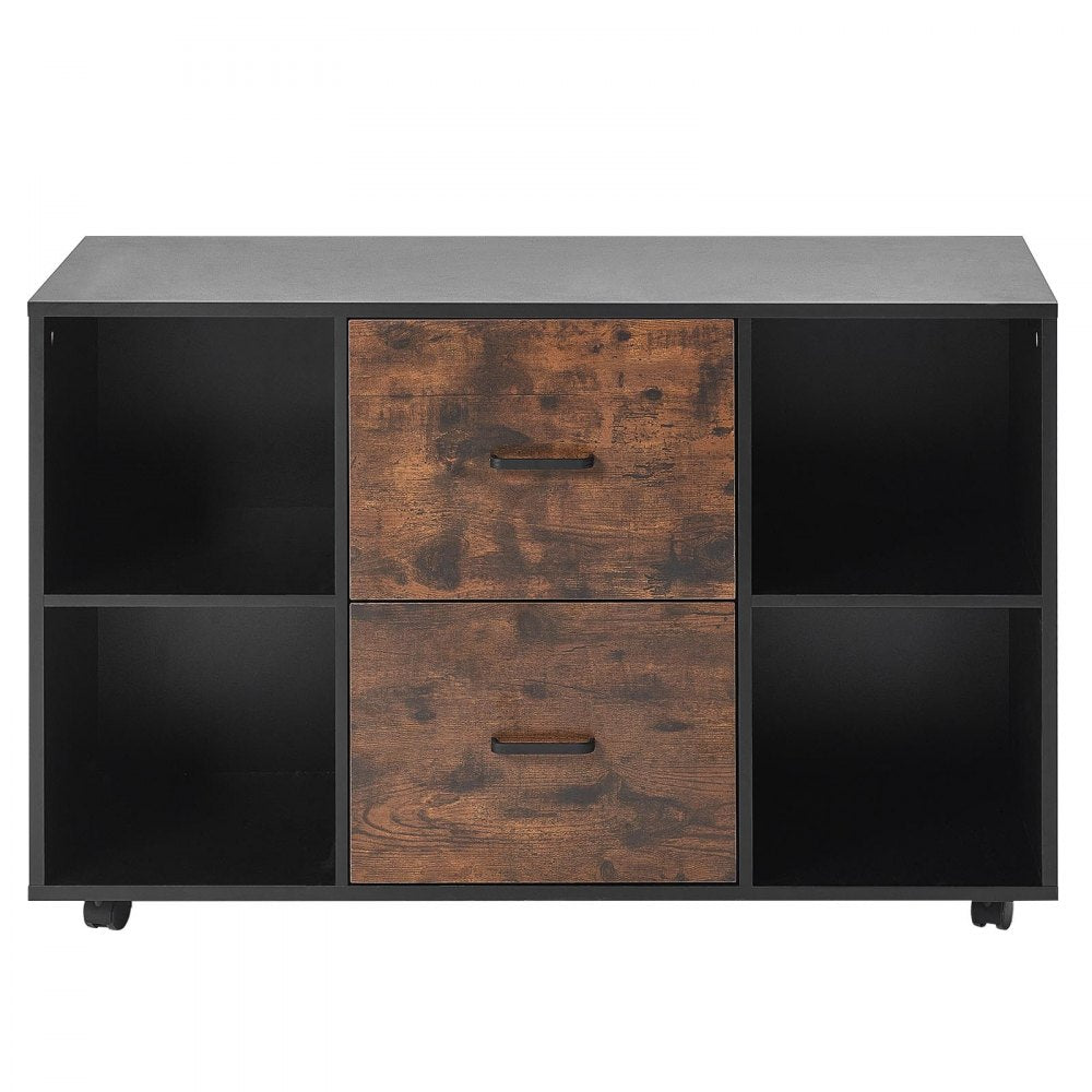 VEVOR 2 Drawer Wooden File Cabinet Mobile Filing Cabinet with Open Shelves Black