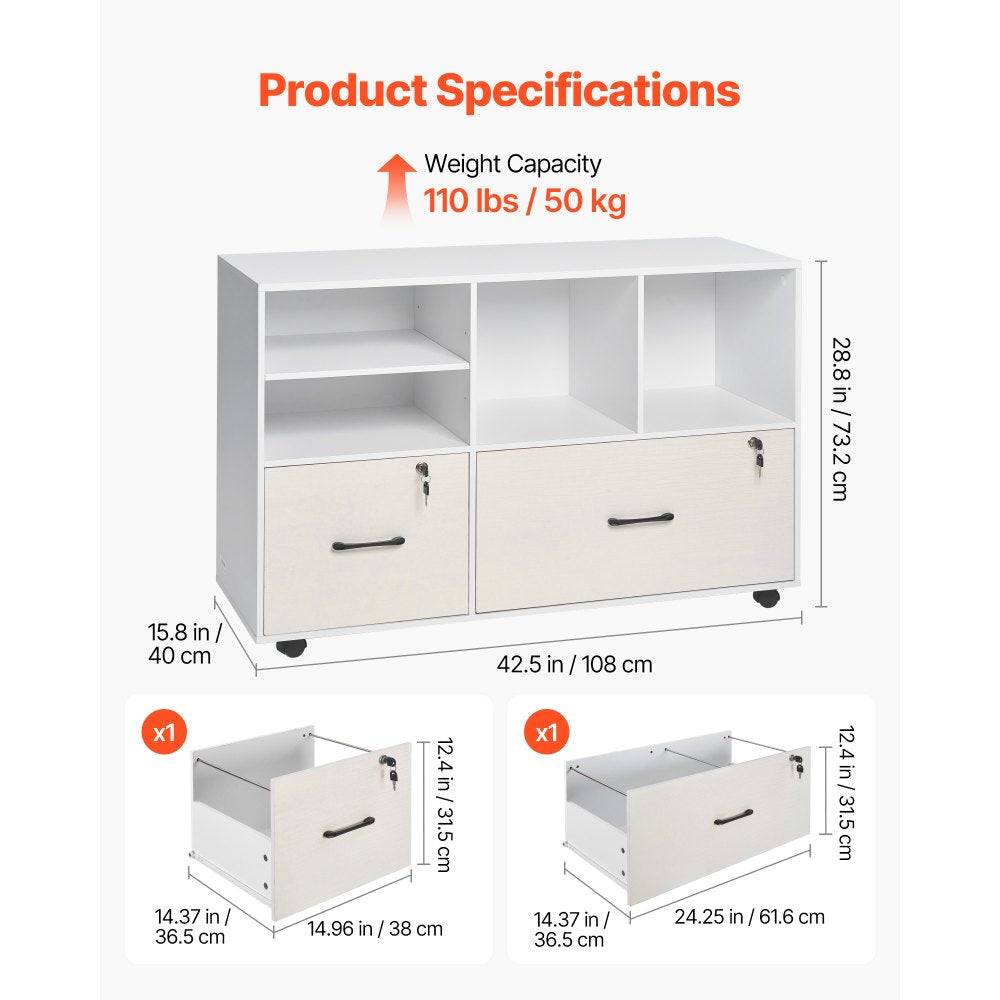 VEVOR 2 Drawer Wooden File Cabinet Mobile Filing Cabinet with Adjustable Shelves