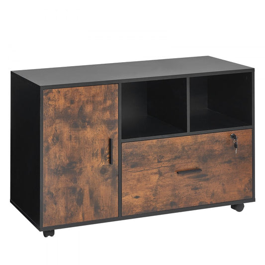 VEVOR Wood File Cabinet Lockable Mobile Filing Cabinet Open Shelves Rustic Brown