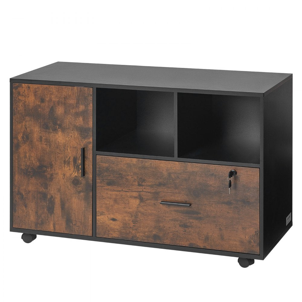 VEVOR Wood File Cabinet Lockable Mobile Filing Cabinet Open Shelves Rustic Brown