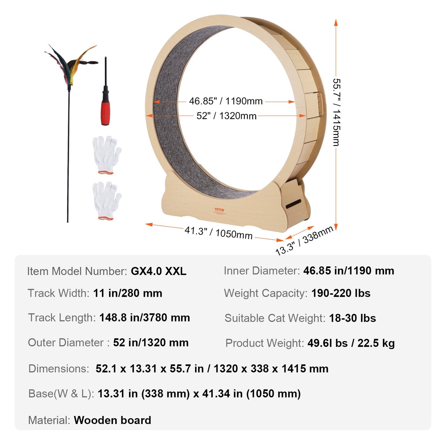 VEVOR Wooden Cat Exercise Wheel 52" Large Cat Treadmill Wheel for Indoor Cats