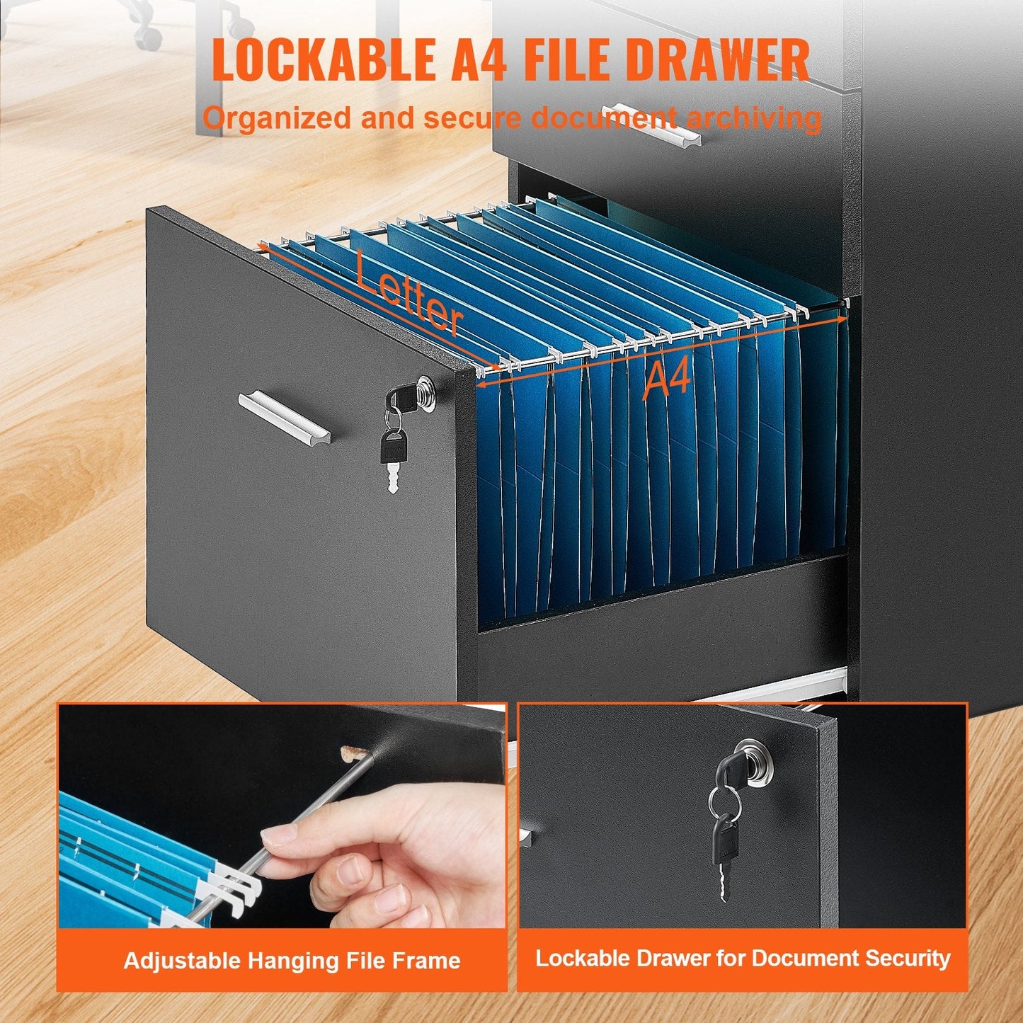 3-Drawer Mobile Wood File Cabinet with Lock, Fits A4/Letter, 450x400x650 mm