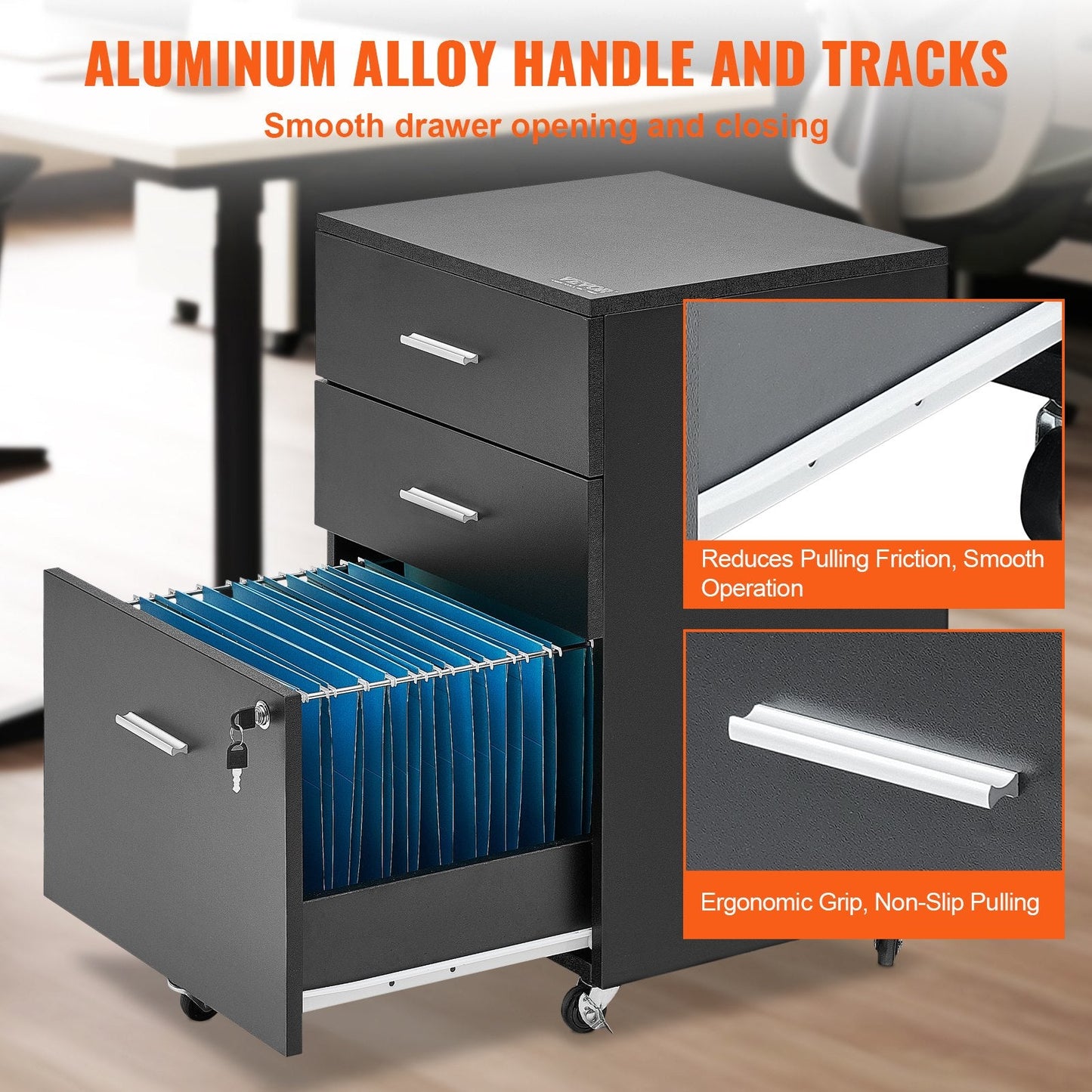 3-Drawer Mobile Wood File Cabinet with Lock, Fits A4/Letter, 450x400x650 mm