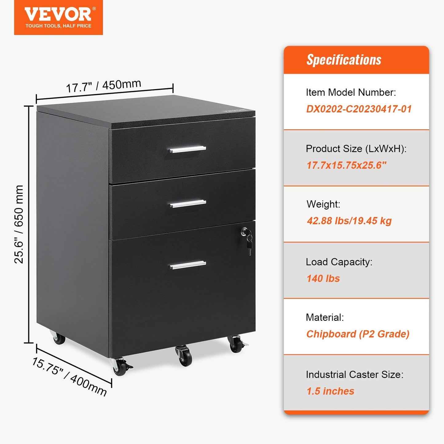 3-Drawer Mobile Wood File Cabinet with Lock, Fits A4/Letter, 450x400x650 mm