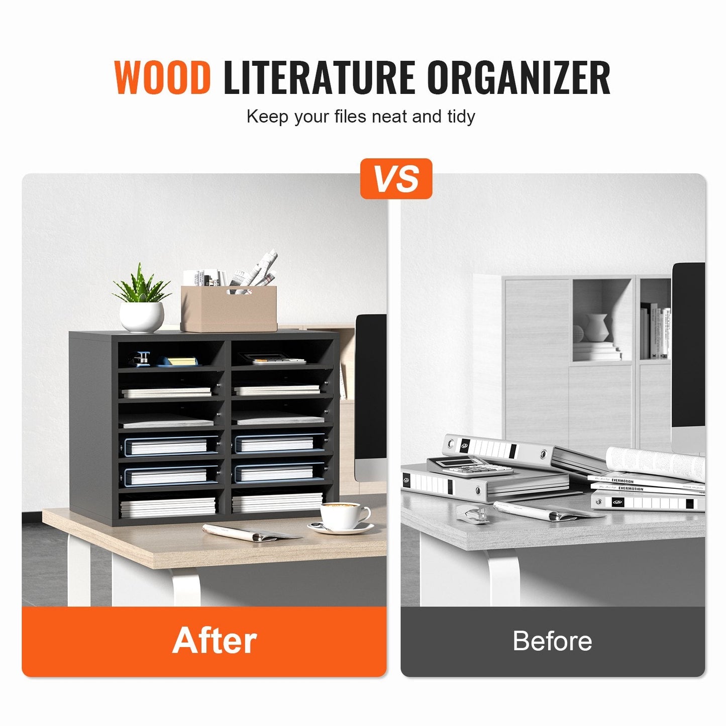 Wood Literature Organizer, 12 Compartments, Adjustable File Sorter, Gray