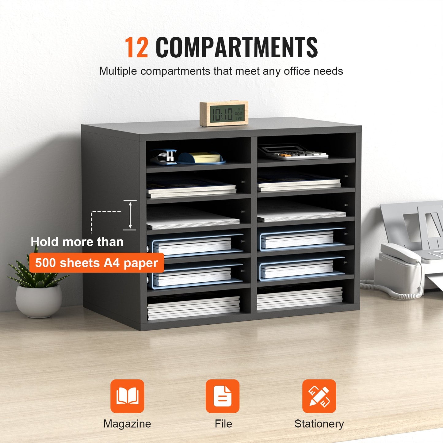 VEVOR Wood Literature Organizer Adjustable File Sorter 12 Compartments Gray