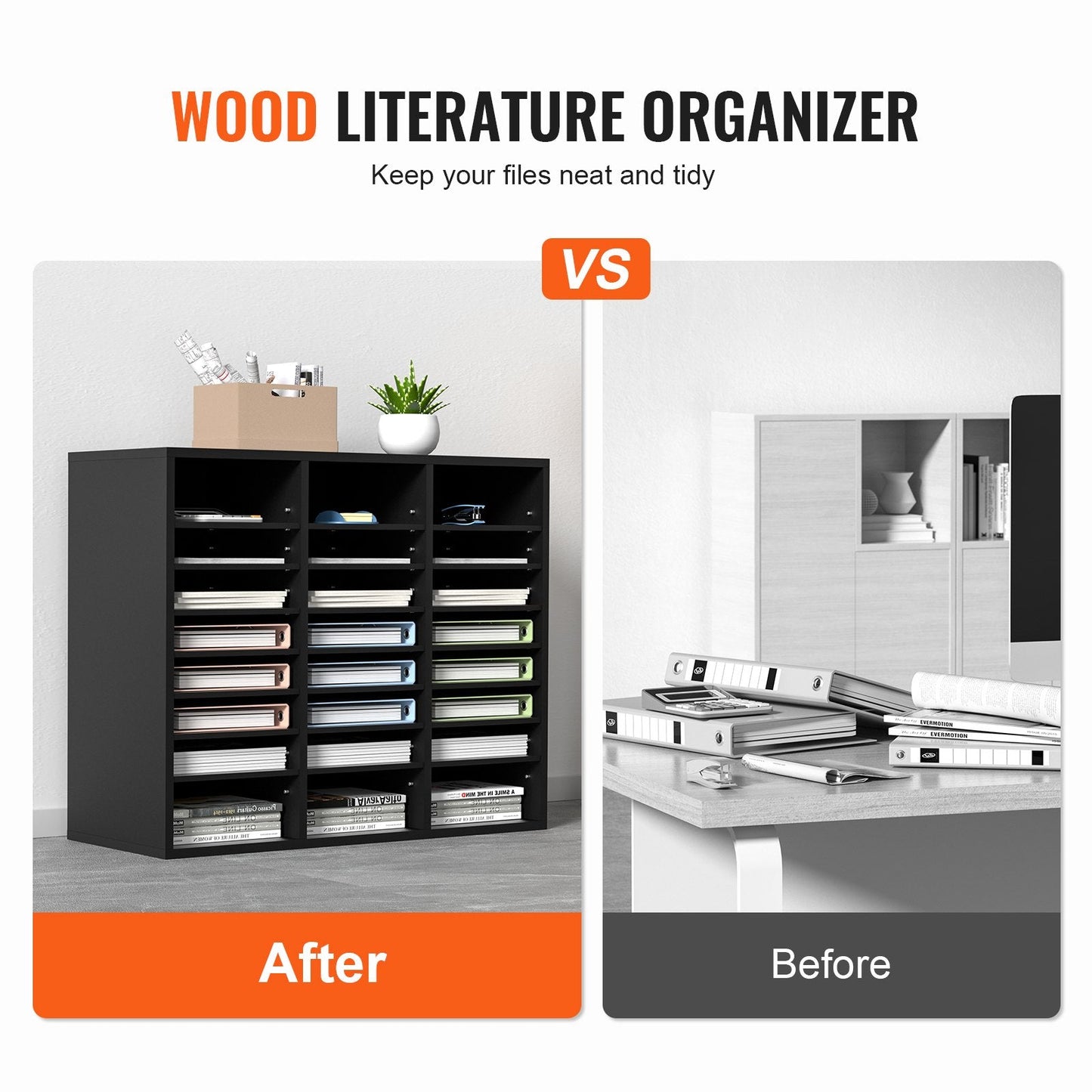 Adjustable Wood Literature Organizer with 24 Compartments, Black, 10 kg Capacity