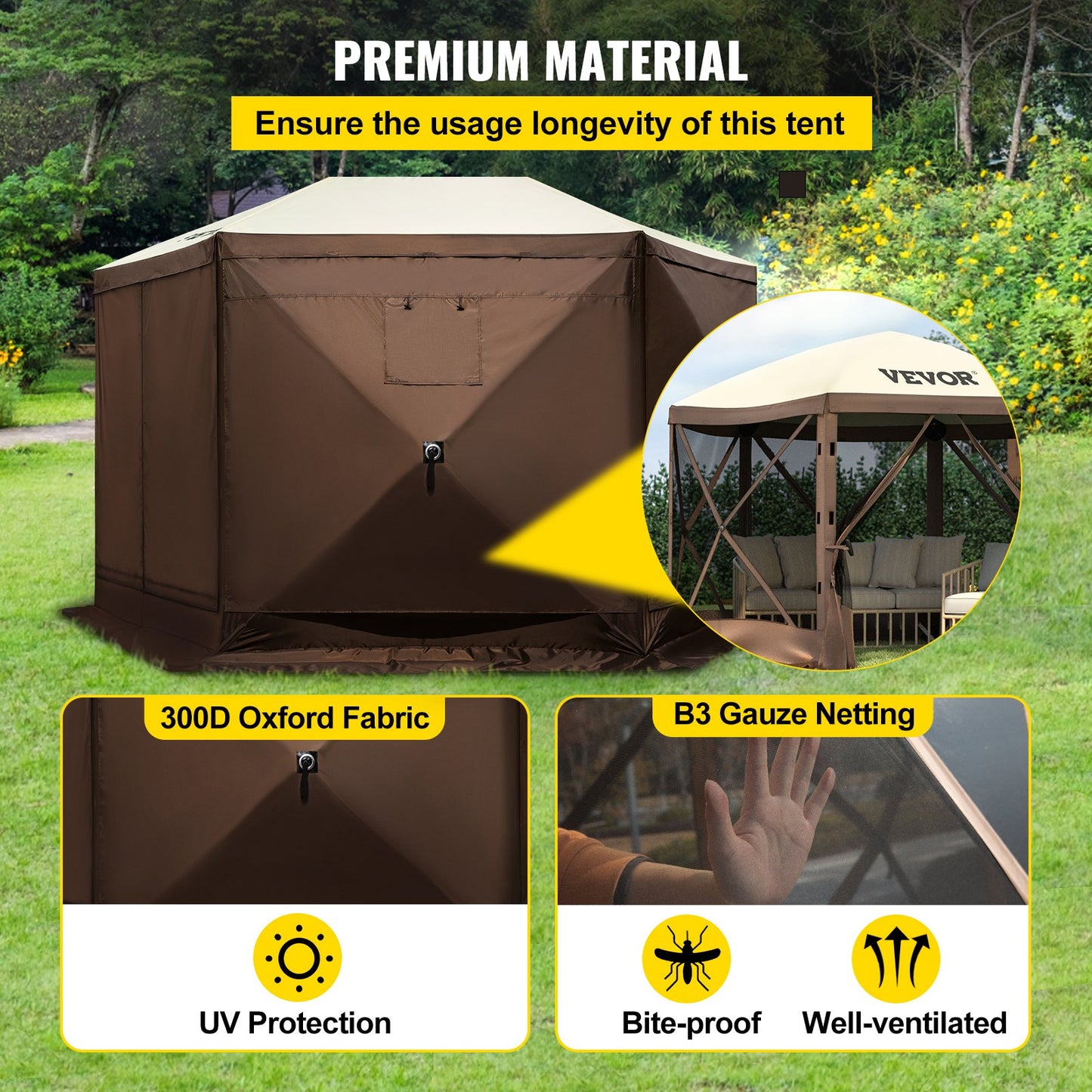 VEVOR Pop-up Camping Gazebo Camping Canopy Shelter 6 Sided 10' x 10' Sun Shade