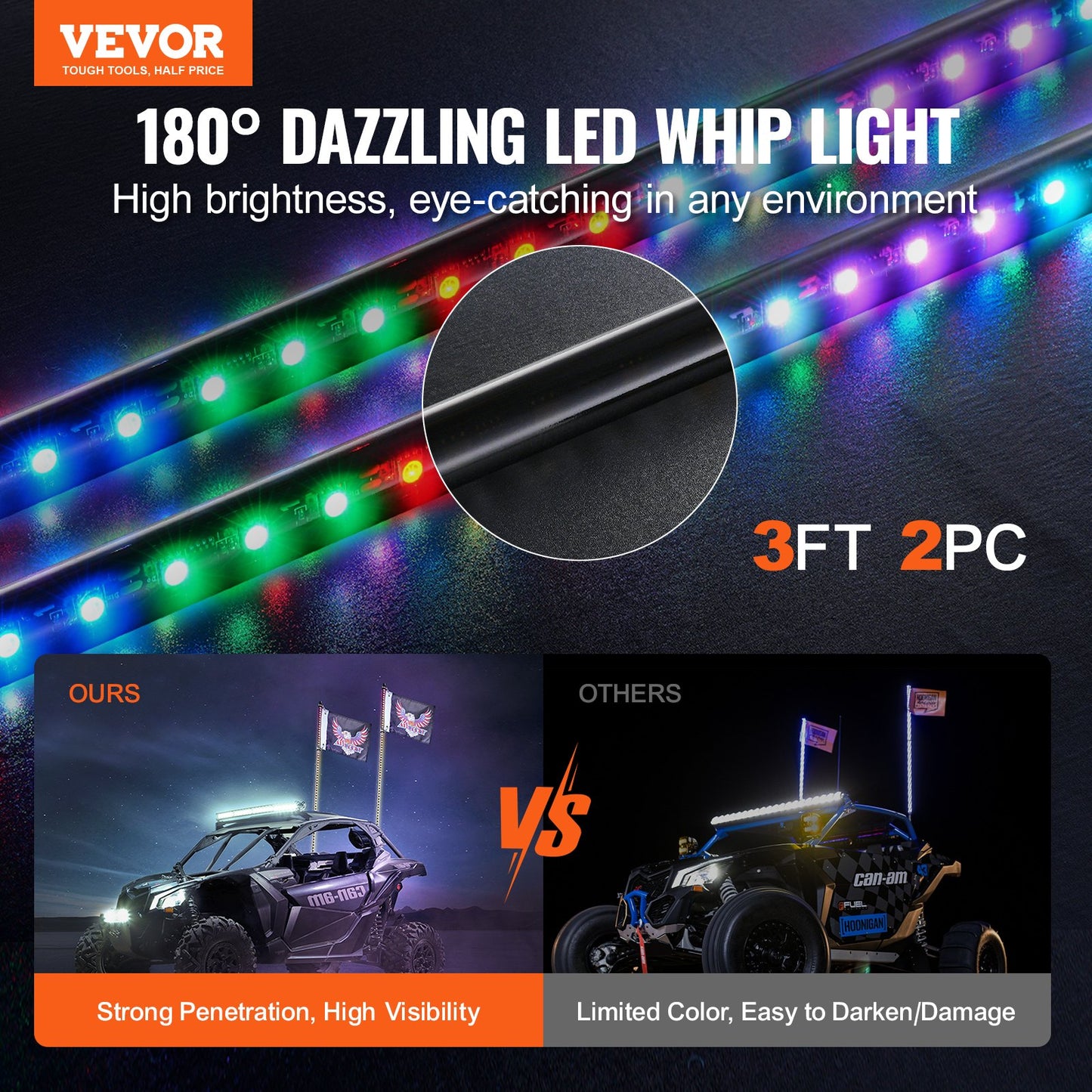 VEVOR 2 PCS 3 FT Whip Light, APP & RF Remote Control Led Whip Light, Waterproof