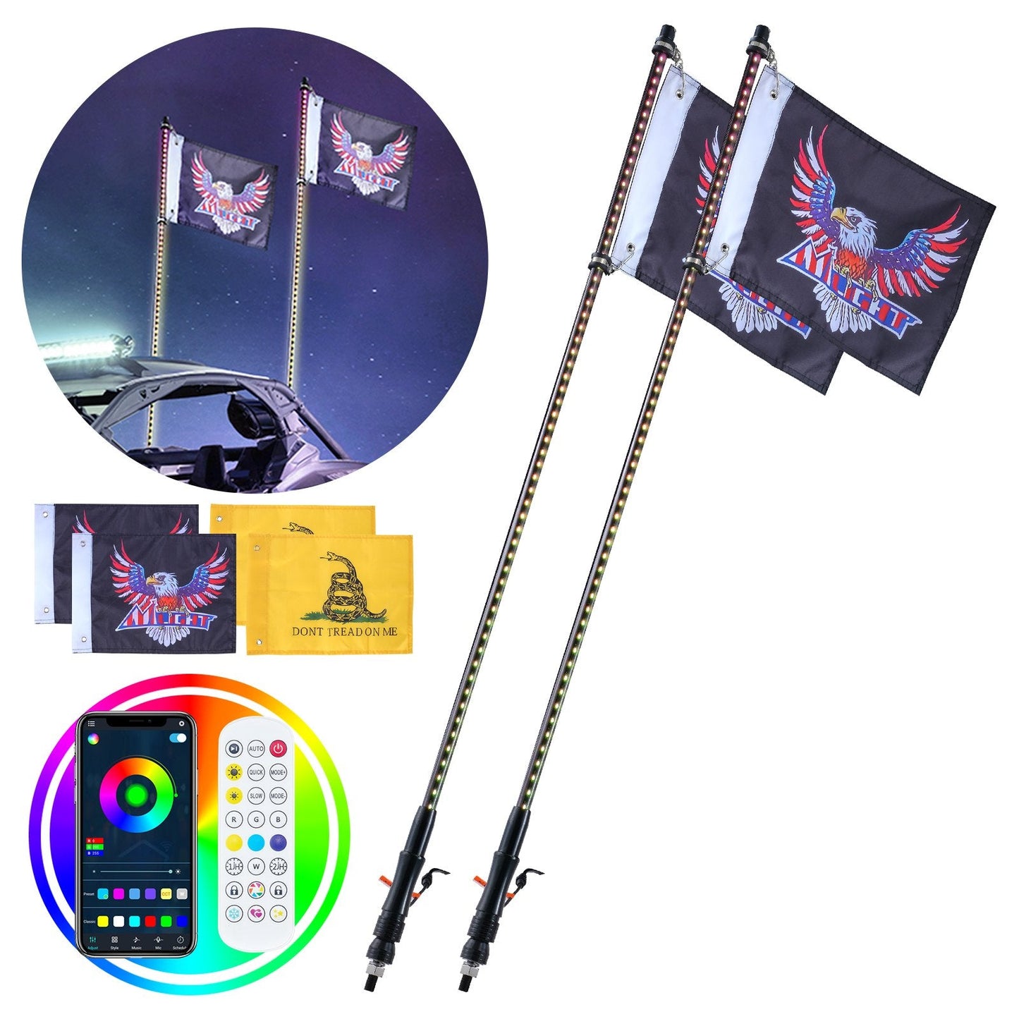 2 LED Whip Lights 1.2m with Remote & App Control, Waterproof for Off-Road Use
