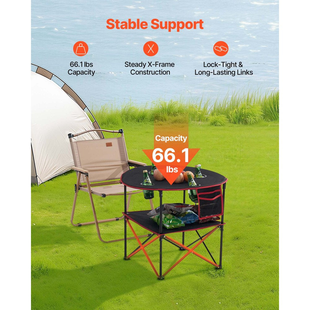 Folding Camping Table, Portable Outdoor Lightweight Picnic Table, 600D Oxford Fabric Waterproof Canvas Travel Beach Tables, with 4 Cup Holders, Carry Bag, for Tailgating Camping Picnic, Black