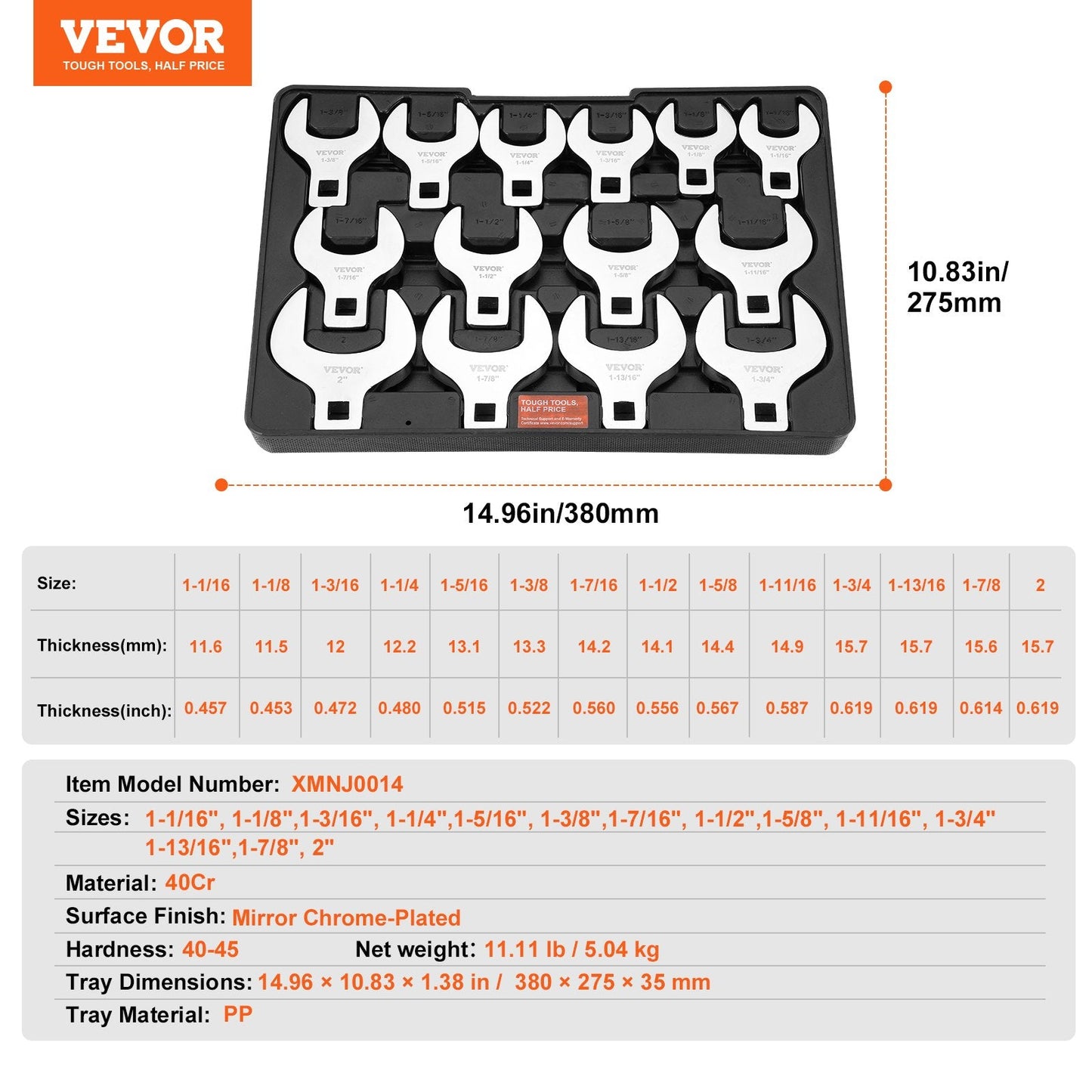14-Piece SAE Crowfoot Wrench Set, 1/2" Drive, 1.07m-5.08m, with Storage Tray