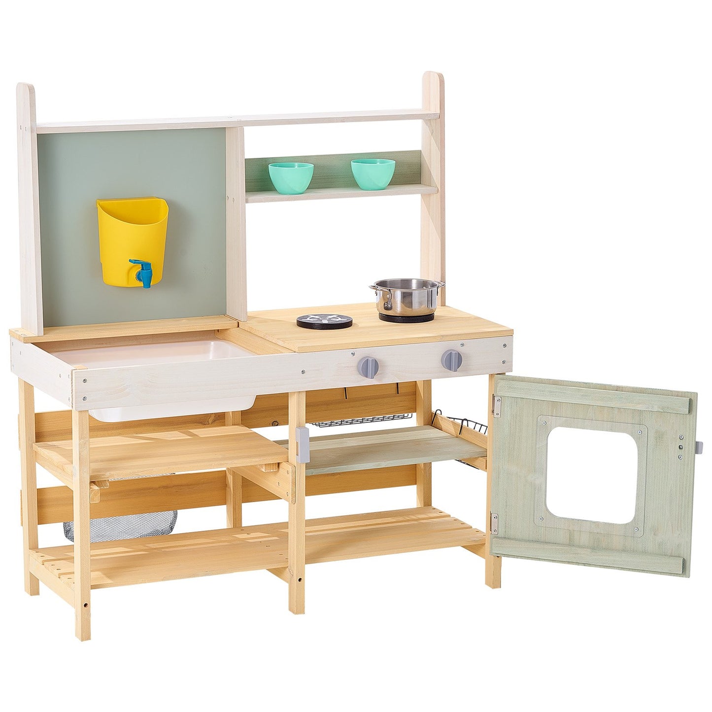 Mud Kitchen for Kids, Wooden Toy Play Kitchen Set, Outdoor Toddler Grocery Store Playset, Pretend Play Kitchen with Stoves, Tank, Faucet, Storage Bag, Metal Baskets, and Cookware Pots