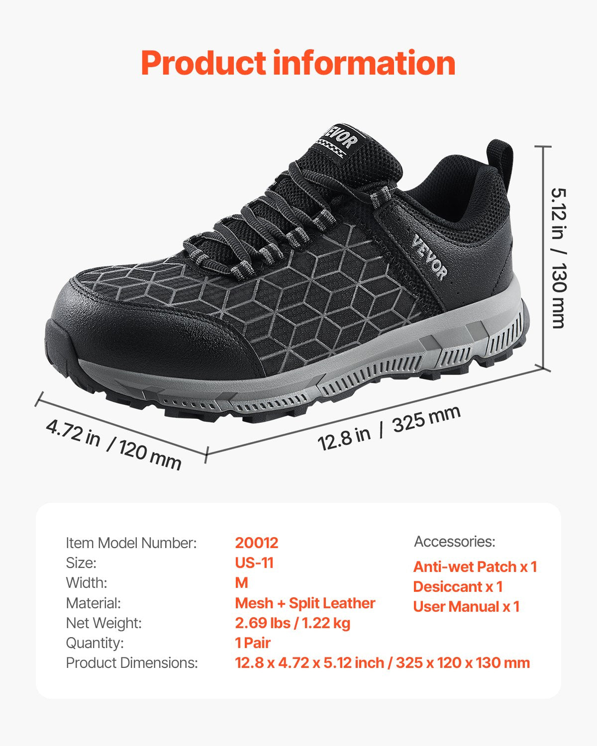 VEVOR Steel Toe Shoes for Men US Size 11 Athletic Work Shoe Sneakers Black