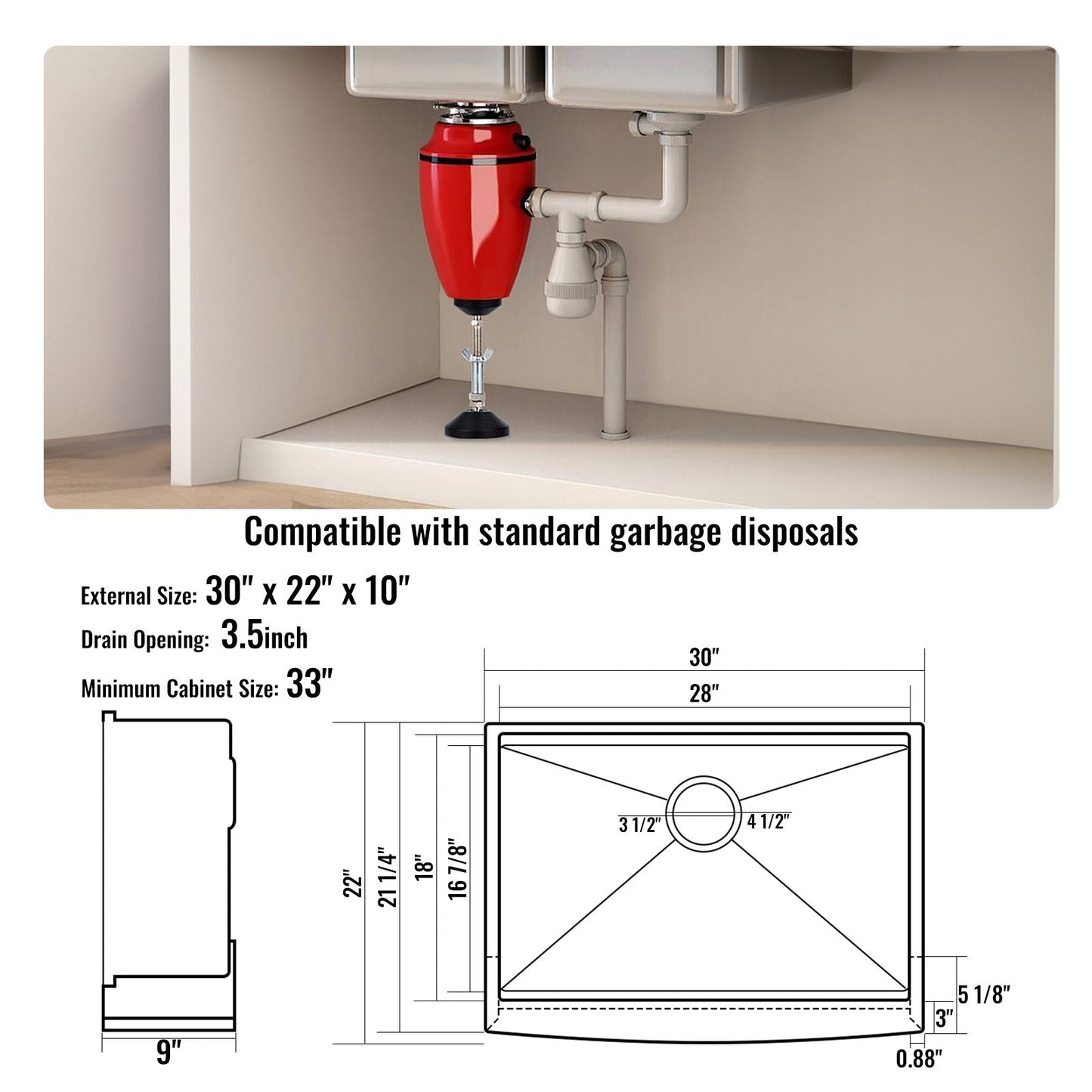 Stainless Steel Farmhouse Sink, 0.76m x 0.56m, Single Bowl with Accessories